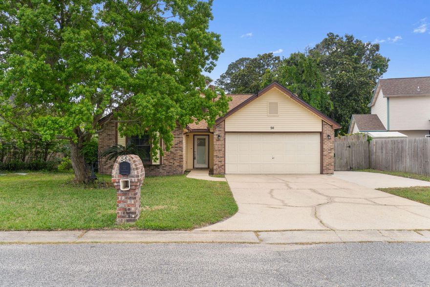 Welcome to 56 North St. Located just north of HWY 98 and East of Hurlburt Field. You are just a short drive to local bases, schools, restaurants, and the white sand beaches that the Emerald Coast is known for. This 3-bedroom 2-bath home features an extra-large driveway in addition to the 2-car garage. Upon walking in you will be greeted with very tall vaulted ceilings that add to the overall feeling and allow for the natural light to radiate throughout. The split floor plan allows for a bit of extra privacy in the bedrooms. The primary bathroom has a double vanity, walk-in closet, Tile shower & Tub. The eat-in kitchen features large bay windows which allow a great view of the backyard and natural light into the kitchen area. The huge fenced-in backyard and a large concrete patio with 2