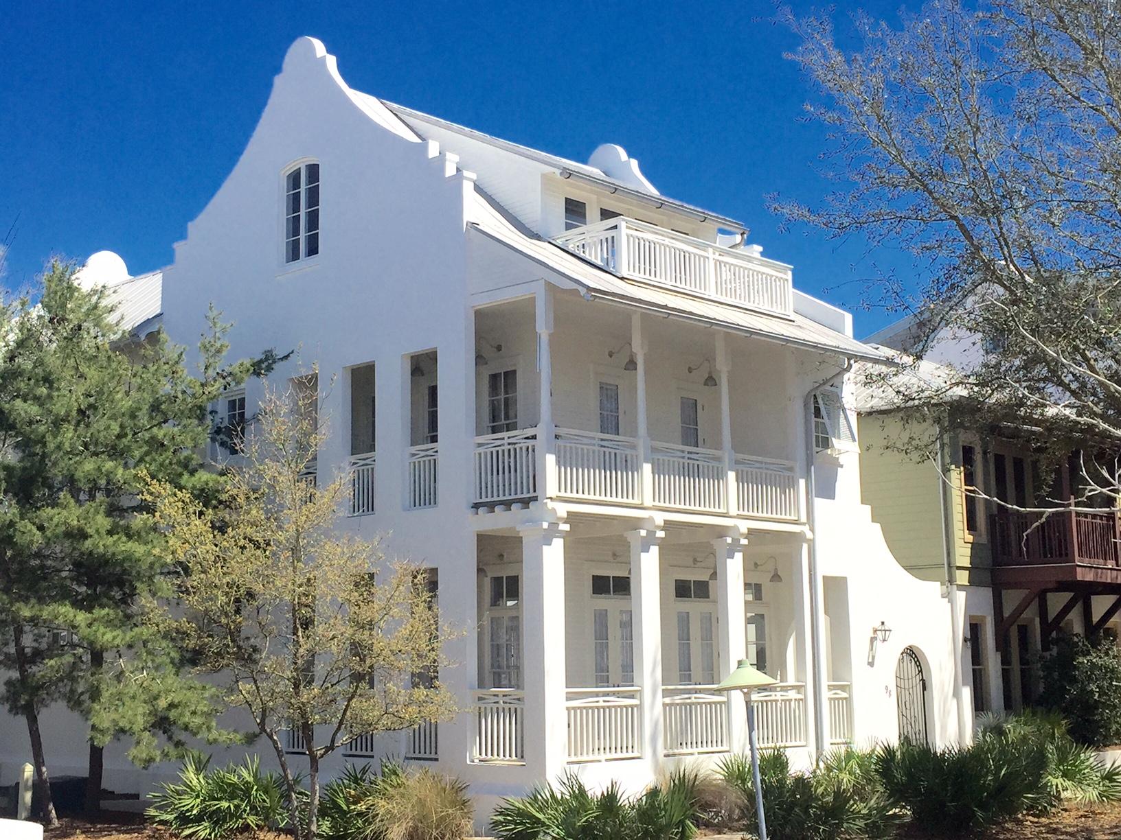 This newly refreshed Rosemary Beach classic courtyard pool home resides on a 'prominent corner' that is convenient to the beach, village, and pools. Designed by noted architect Julia Starr Sanford, this Dutch West Indies masterpiece exudes strength in its white stucco masonry. Its graceful parapets draw inspiration from Rosemary Beach's landmark buildings.With three floors, 98 W Long Green offers ample living space and privacy.The all new courtyard features rich peacock pavers and a crisp redefined pool. The exterior and all interiors have been freshly painted in a popular all-white palette.This sold furnished home features a blend of coastal weathered furniture, leather sofa and rustic accent pieces.