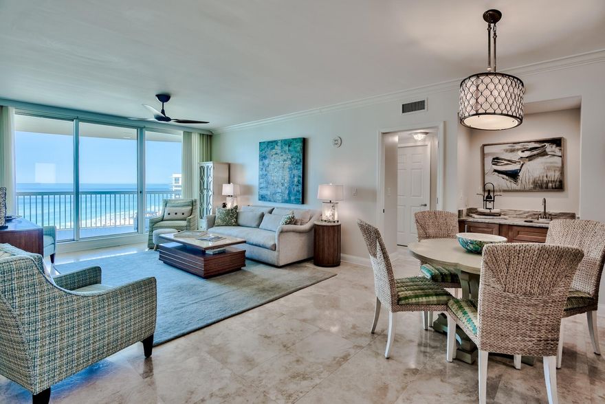 St. Thomas offers some of the most spectacular Gulf front views in Destin! This 10th floor unit is located in exclusive non-rental building on the gated Silver Shells resort. Stunning Gulf views are offered from the spacious living room, dining room, and kitchen, as well as all 3 bedrooms which all face the Gulf. Upgrades include new HVAC unit, travertine flooring throughout, Wolf appliances including double convection oven and induction cooktop, Subzero refrigerator, Subzero ice maker in wet bar, renovated baths with frameless shower doors, and remote operated shades on windows. Fully furnished, this unit offers a neutral coastal beach design with an array of designer touches throughout. The private master suite as well as the two guest rooms all  connect to the expansive balcony