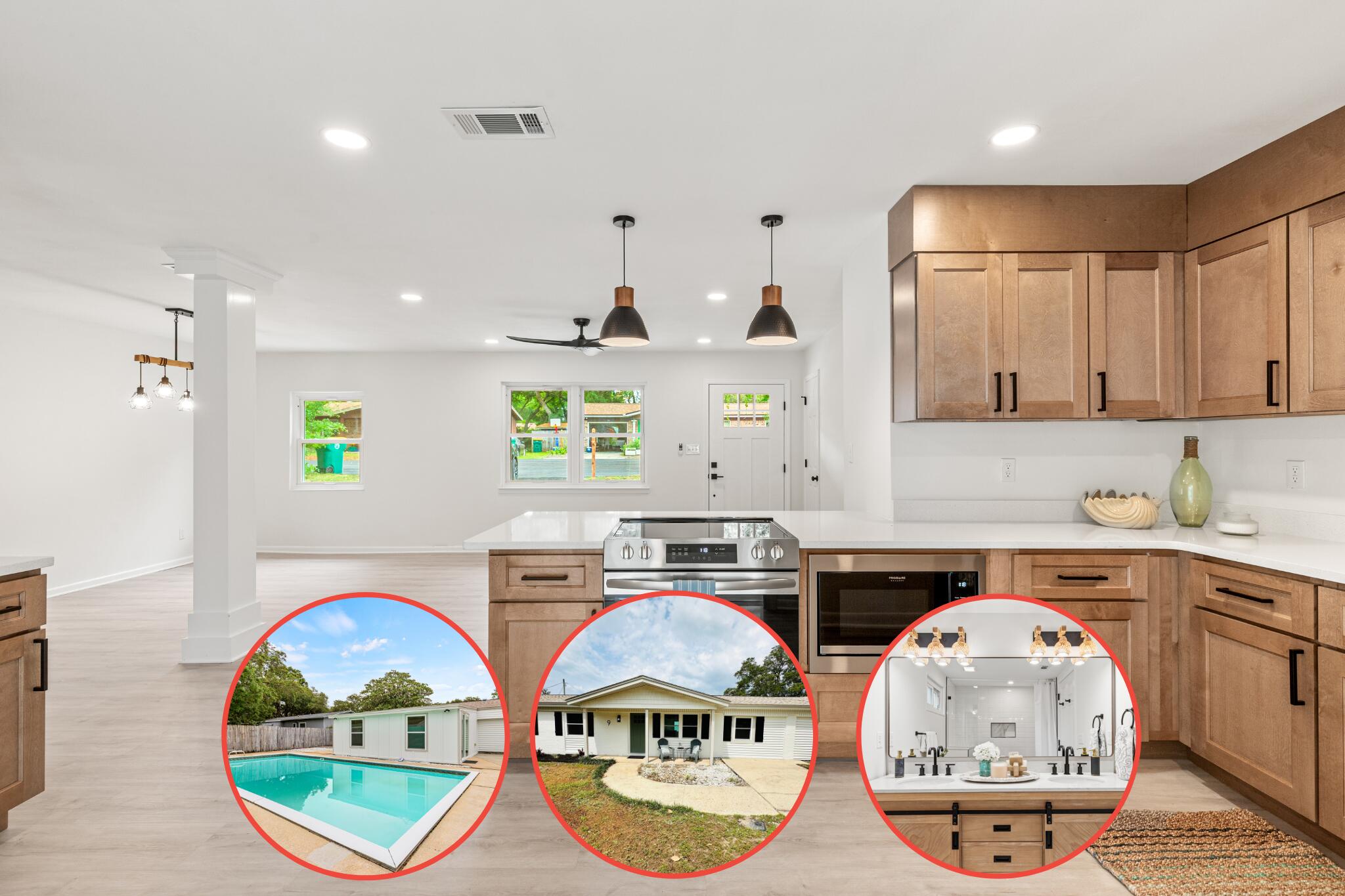 SELLER PAYS TITLE (Waypoint), HOME INSPECTION and WDO (Ace) and PROVIDES A HOME WARRANTY. Welcome in to this gorgeous POOL home offering ample space with 4 bedrooms and 2.5 baths. NEW SYSTEMS --HWH 2025, ROOF 2021, HVAC 2025, POOL PUMP 2024, DOUBLE PANED VINYL WINDOWS. No detail was overlooked during a complete renovation inside and out. From fresh paint, new floors, brand new kitchen and baths, to new light fixtures this home showcases beauty and functionality. Prepare to be impressed by the on-trend kitchen featuring warm wood cabinets, white quartz, black and gold hardware and stainless steel appliances. The master bedroom has not one but two walk-in closets, slider door to the pool area, and a spacious all new bathroom with a double vanity. Relax in the den that streams tons of natural light. The backyard makes for the perfect oasis with an in-ground pool, patio area, fenced backyard and shed. To make the home even more special the half bath is accessible from the back porch providing a legit pool bathroom! Additional driveway is along the front perimeter for friends, an RV or boat. Conveniently tucked away in Shalimar-a beautiful neighborhood that's golf cart friendly, 1 mile from a boat launch, golf and tennis.