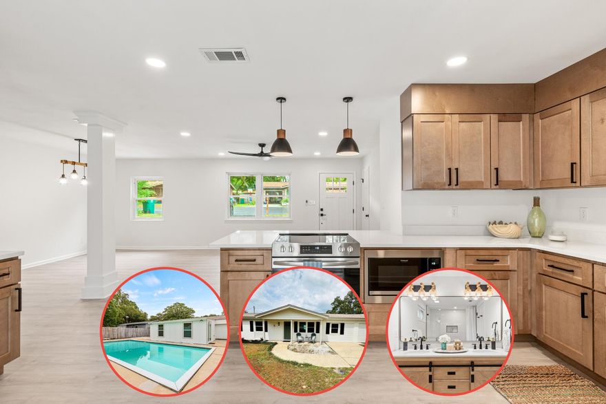 SELLER PAYS TITLE (Waypoint), HOME INSPECTION and WDO (Ace) and PROVIDES A HOME WARRANTY. Welcome in to this gorgeous POOL home offering ample space with 4 bedrooms and 2.5 baths. NEW SYSTEMS --HWH 2025, ROOF 2021, HVAC 2025, POOL PUMP 2024, DOUBLE PANED VINYL WINDOWS. No detail was overlooked during a complete renovation inside and out. From fresh paint, new floors, brand new kitchen and baths, to new light fixtures this home showcases beauty and functionality. Prepare to be impressed by the on-trend kitchen featuring warm wood cabinets, white quartz, black and gold hardware and stainless steel appliances. The master bedroom has not one but two walk-in closets, slider door to the pool area, and a spacious all new bathroom with a double vanity. Relax in the den that streams tons of natural light. The backyard makes for the perfect oasis with an in-ground pool, patio area, fenced backyard and shed. To make the home even more special the half bath is accessible from the back porch providing a legit pool bathroom! Additional driveway is along the front perimeter for friends, an RV or boat. Conveniently tucked away in Shalimar-a beautiful neighborhood that's golf cart friendly, 1 mile from a boat launch, golf and tennis. 