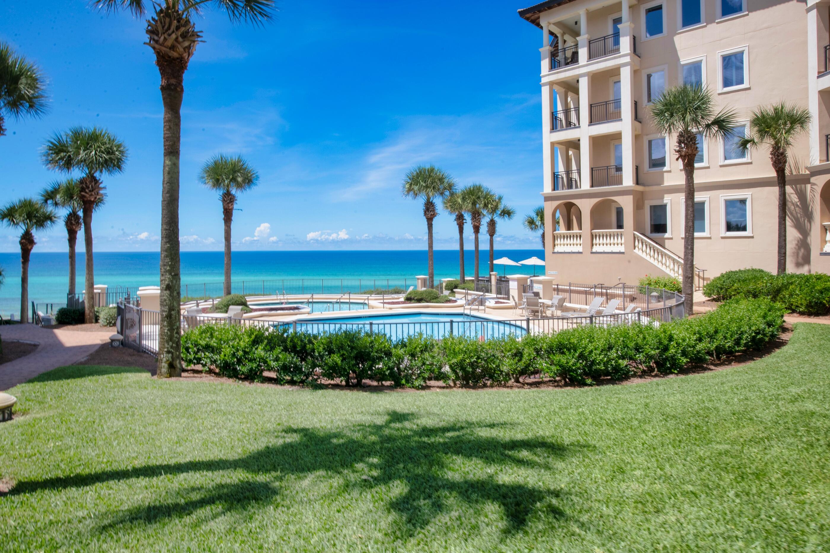 Enter the gates at Bella Vita, a Mediterranean designed condominium with lush landscaping, courtyard with fountains and swimming pools. This 3 bedroom, 3 bath unit is move in ready.  Sellers have never rented the unit,  and is sold fully furnished with exception to certain artwork, personal items and surround system.  Tiled flooring throughout the condo except bedrooms.  A new HVAC was replaced in June 2022 and a new refrigerator was installed in May 2022.  The master suite has sliding doors that has a large balcony overlooking the beautiful landscaping, pools and amazing view of the Gulf of Mexico.  The master bath suite has two vanities with tiled countertops, separate walk-in shower and soaking tub.  The kitchen has granite countertops and plenty of cabinet.