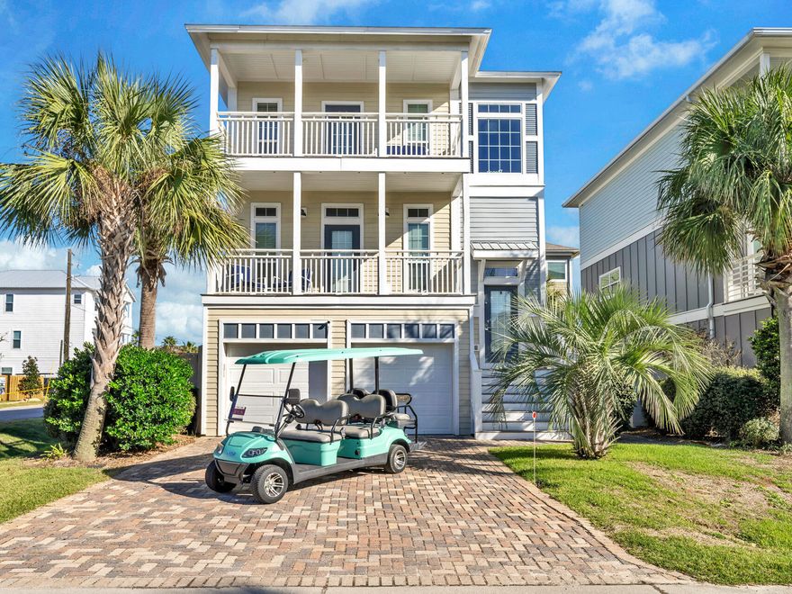 No HOA Dues!! One of 9 luxurious homes of Treasure Sands. This energy efficient ''Earth Cents'' home features 2-car garage with extra parking for your golf cart. Paver driveway on a quiet cul-de-sac. Gulf view in the front, deck in the back off the family room. Pompano Joes and a public beach access is minutes away. Located on a quiet cul-de-sac street. Close to many restaurants and shopping at Silver Sands Outlet Mall and Destin Commons. 3 Story 5-bedroom 4 bath home with 2 washer/dryer sets on the first and third floor. 3 HVAC units. Crown moldings throughout. The pool can be heated.