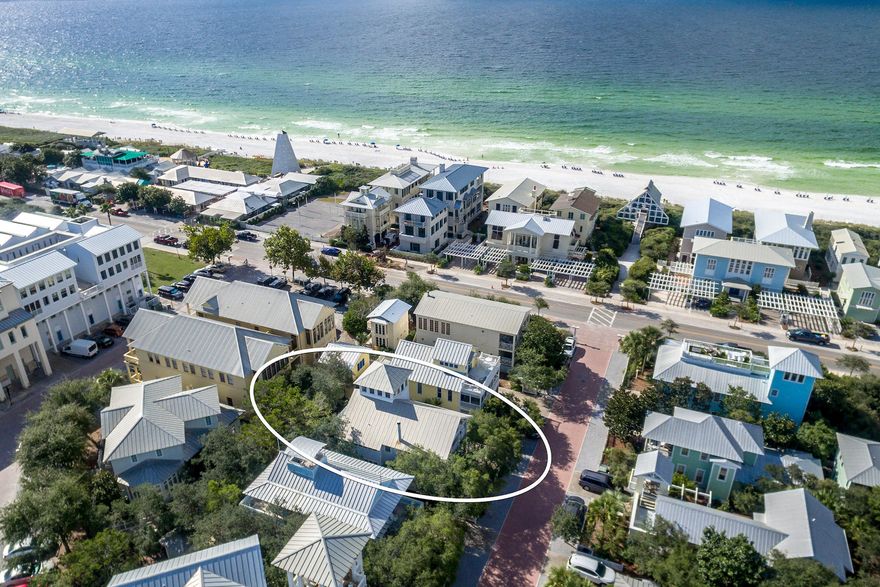 2 bedrooms plus library/sitting room with bunk beds, 2-1/2 baths, enclosed tower. Moore Fun is located only 3 lots in from 30A. Just a minute stroll to the beach. The deep front porch runs the full width of the cottage and ensures an inviting place to greet neighbors passing by. Life revolves around the outdoor spaces of this beach cottage. Three sets of French doors, with transoms open to the living and dining areas. Natural light floods the living area and changes the interior to soft hues during the day as the sun sets. Designed for easy living with comfortable furniture, the open spaces flow from one to another. There is a fireplace for chilly nights as the season starts to cool. Tall ceilings with painted wood molding add to the spaciousness. A custom built island seats four and conveniently holds all kitchen necessities. White wood cabinetry with glass front doors show off colorful dinnerware. French doors off the kitchen open onto the screened porch for outdoor dining. The private outside shower has direct access to the interior full bath off the kitchen. Second level features a generous sitting area with built in bunk beds and a sun deck. Two bedrooms each with French doors open onto a covered porch, one and half baths also on second level. Head up to the enclosed tower with balcony for gulf and sunset views. This beach cottage has room to expand and or add a guest cottage for family and guests or another rental opportunity. 
Onsite parking.