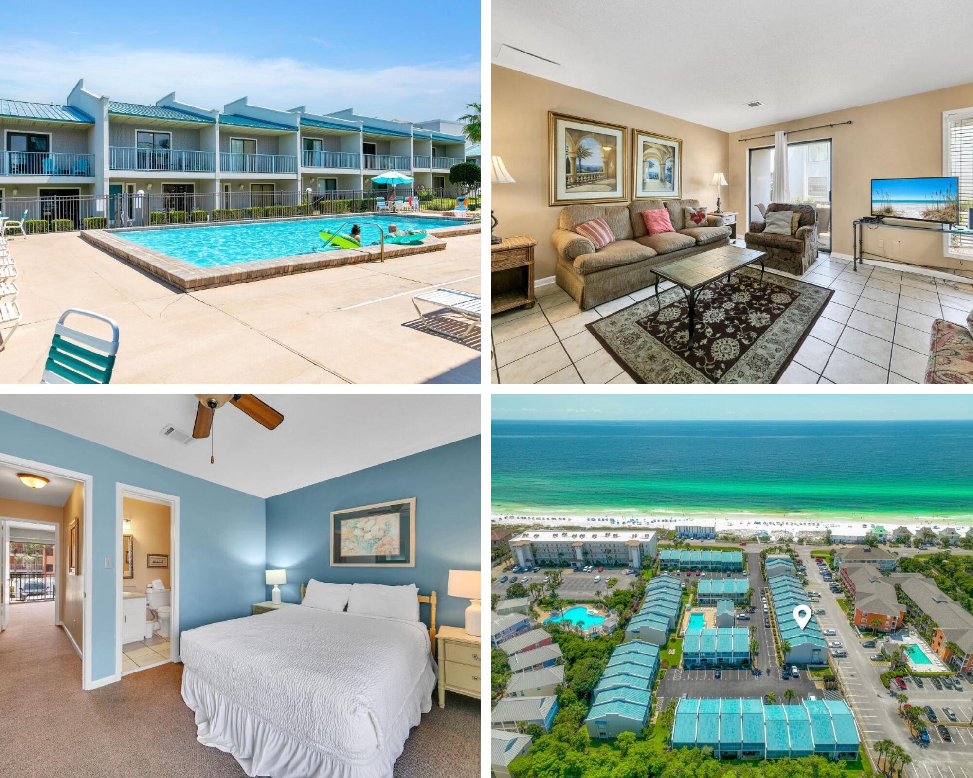 Discover your ideal coastal retreat in this spacious townhouse, perfectly situated just moments from the beautiful white sand beaches. Enjoy the luxury of a short walk to the sand and the convenience of a nearby heated community pool, offering a serene escape with minimal noise. This townhouse is designed for ultimate relaxation and comfort, accommodating up to 10 guests, making it an excellent choice for large families, vacation rentals, or two families traveling together. The thoughtfully designed layout includes two master suites, a wet bar, and a stackable washer/dryer, perfectly blending practicality. The complex features coveted gated beach access. Stroll to three popular restaurants for dining out. This fully-furnished and and rental ready townhome is a rare gem. Professional photos coming soon. Priced to sell, this is one not to be missed!