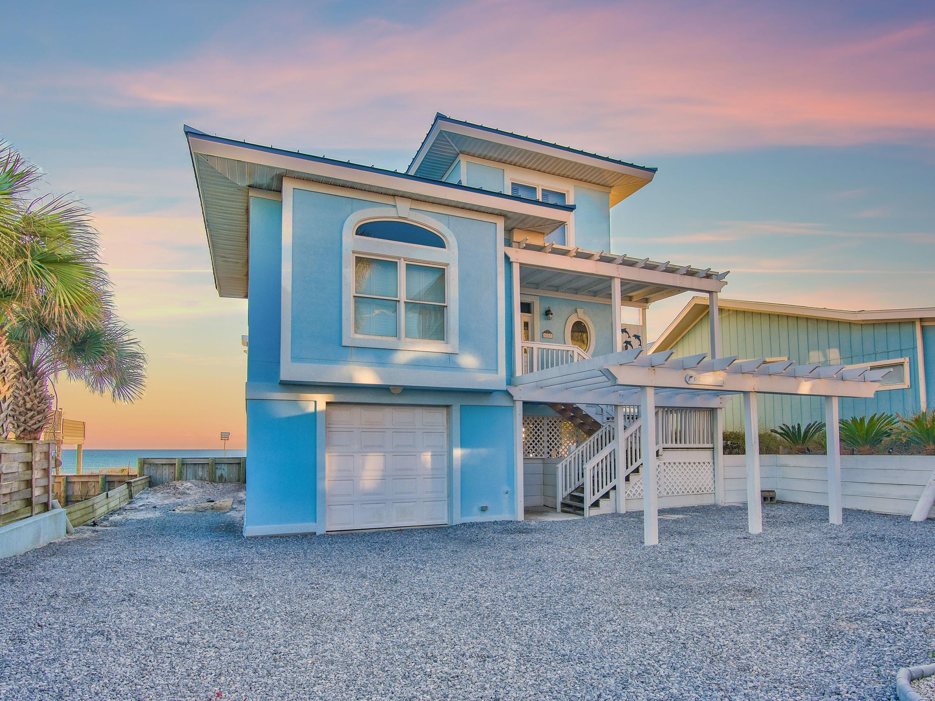 This beach front cottage takes full advantage of panoramic views of the Gulf of Mexico that can be seen from multiple rooms within the home as well as off porches on all three levels. There is also a unique walkover with an additional sun deck positioned directly on this magnificent stretch of white sand beach. Open living, dining, kitchen floorplan with 10' foot ceilings throughout first floor, including a large master suite. The four bedroom and three and a half bathroom home with 51' of Gulf front is located near Dune Allen on West 30A, just a short distance away from all of the exciting restaurants, shops and venues 30A has to offer.