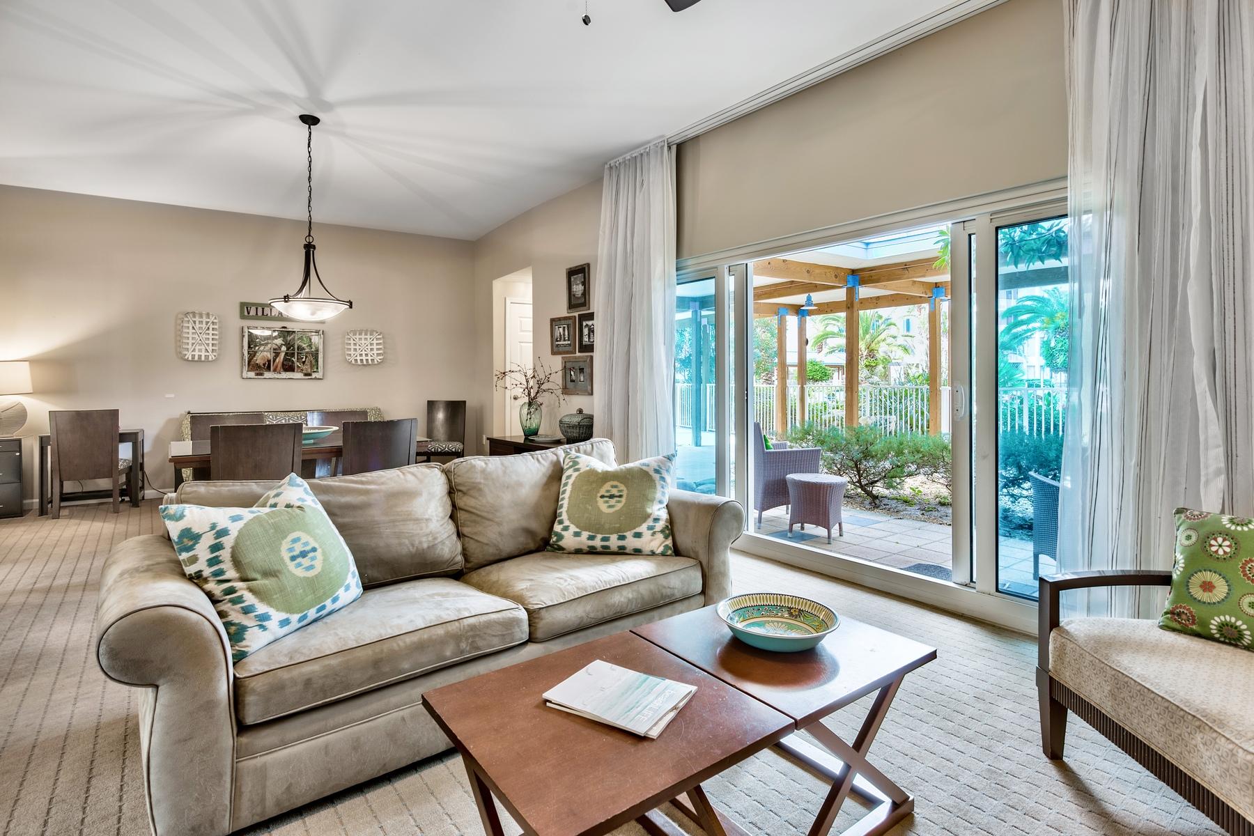 Motivated Seller! Don't miss the opportunity to own a beautiful poolside villa in The Palms of Destin! With only 14 villas on property, this unit comes fully furn. & boasts a walk in laundry room, 9' ceilings, granite counter tops and double vanity and garden tub in the master! This unit is approx 1390 sq. ft and sleeps 6 comfortably! Great for rental or perm residence! Exterior features a private patio-just steps from the 11,000 sq ft lagoon pool, w/ waterfalls and bridges within the 2 acre ''oasis''. The children's pool w/ waterfall and interactive splash fountain will provide hours of enjoyment. Shuttle service provided to local attractions! HOA includes all utilities-even electricity! BUYER TO VERIFY ALL DIMENSIONS