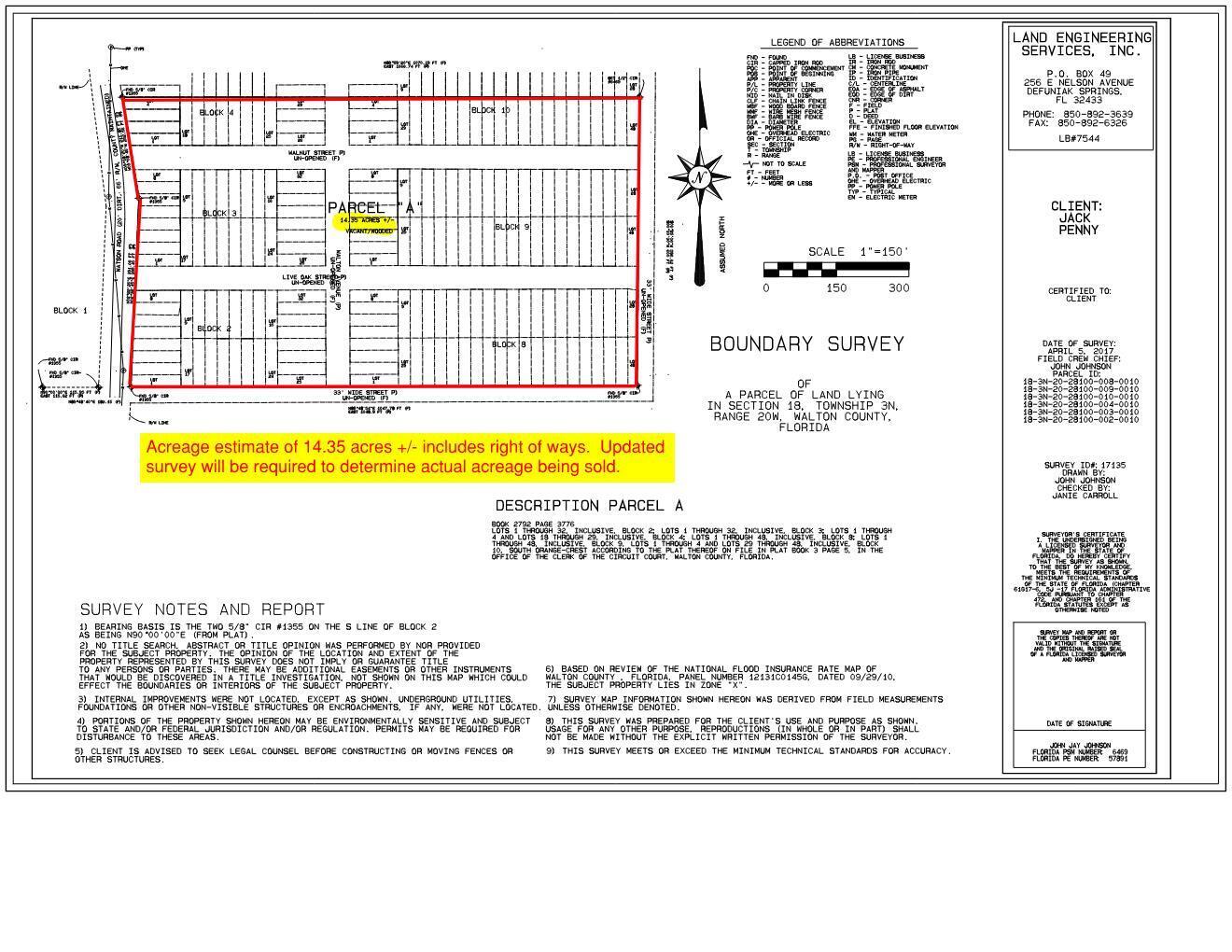Investors, Investors!!! Look here...(200) platted lots each approx.. 25' x 100'. All lots are platted as part of South Orange-Crest Subdivision. One can combine any number of these lots to achieve the size parcels needed for mobile homes or single-family homes. Location is key...these lots are in the Mossyhead area between Crestview and DeFuniak Springs FL. This is a great opportunity for a developer to utilize existing platted subdivision and bring to life! Road easements are in place and have not been cleared & developed. Requires well and septic. Flood Zone X. No wetlands per the Walton County GIS mapping. The 200 lots would yield (50) parcels of approx. 1/4 acre. Example of (4) lots together equal approx. 1/4 acre. This is a cost of $11K per 1/4 acre parcel combination. Survey is available showing a total of 14.35+/- acres including right of ways.
This listing includes all of the following Parcel ID#
18-3N-20-28100-002-0010
18-3N-20-28100-003-0010
18-3N-20-28100-004-0010
18-3N-20-28100-008-0010
18-3N-20-28100-009-0010
18-3N-20-28100-010-0010
All line markings on photos are approximate for visualization purposes and are not to be deem as exact.