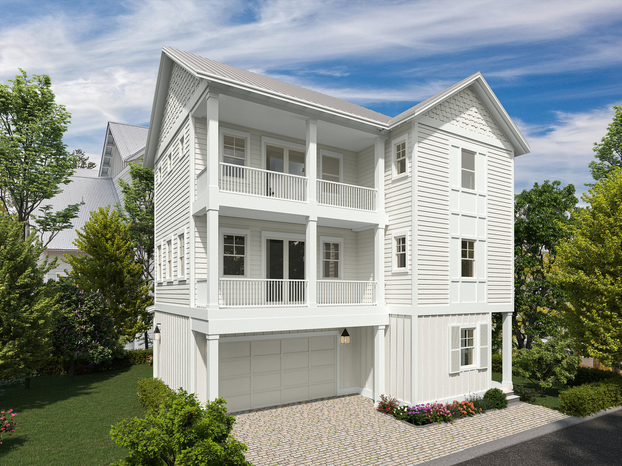 The Red Bud floor plan has everything a beach goer needs for comfortable, stylish, and coastal living. This plan includes spacious balconies at the second and third levels with a 2-car garage. The great room living on the second level with a custom built mantle over the fire place including horizontal shiplap above and matte picket surround below make for cozy evenings at the beach. Additional features include Thermador stainless appliances, quartz countertops, brilliant white shaker style cabinets with kitchen island transitioning to Ellie gray painted cabinets. Master bedroom vaulted ceiling with center beam. Photo renderings represent how home might look only. Home is not furnished. Builder reserves the right to make changes due to avail. The luxury continues with master bathroom vintage look mirrors, free standing stone soaker tub, and seamless designer tile package walk in shower.
