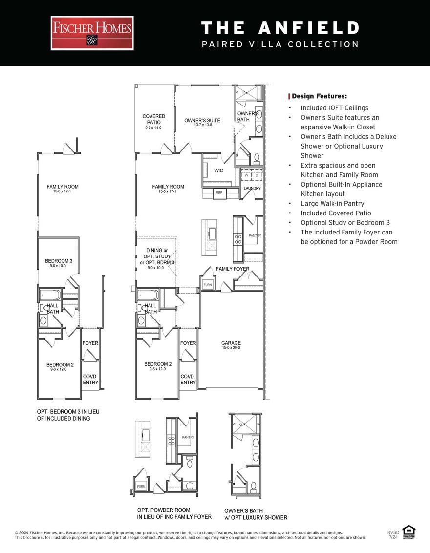 Built by Fischer Homes, this beautifully designed Anfield Coastal Cottage in The Villas at Longleaf Park neighborhood at Watersound Origins offers thoughtfully planned single-level living with 2 bedrooms, 2 full baths, plus a powder room, all complemented by a peaceful water view. With included 10-foot ceilings and an open kitchen and family room layout, the home feels bright, spacious, and inviting.Upgrades include quartz kitchen countertops, a farmhouse sink, upgraded kitchen and bath cabinetry, a stainless canopy range hood, luxury vinyl flooring throughout, and tile extended to the ceiling in both full baths. The Owner's Suite features the Luxury Bath Suite and an expansive walk-in closet. An installed Smart Home security package allows for remote access and monitoring,