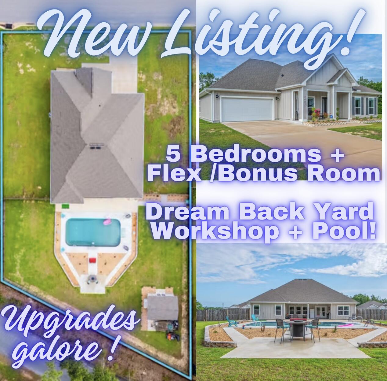 LARGE POOL! WORKSHOP! HEAVILY UPGRADED and BETTER THAN NEW(only 3 yrs old)! With 5 BEDROOMS PLUS A FLEX ROOM and a separate dining room ,this floor plan is highly adaptable and offers flexibility of use. This home is located on a PREMIUM Flat 1/2 acre lot with a fenced back yard, oversized 18 x 36 pool, beautifully hard-scaped outdoor entertaining space, plus a 12 x 16 workshop that was built on slab with 100 amp electrical service. You'll have privacy with no neighbor behind or on one side. Inside this home has had flooring replaced with LVP throughout, carpet in only 2 bedrooms, all windows were custom trimmed, oversized ceiling fans and upgraded lighting were added. The oversized walk in pantry and laundry rooms have both been customized with cabinetry and wood shelving, The kitchen features a custom tiled backsplash, upgraded Samsung stainless steel appliances including bespoke 4 door fridge/freezer with 2 ice makers and "no preheat" air fryer stove. The floorpan has an excellent flow and the double tray ceilings further enhance the space. The primary suite overlooks the pool area and features a door that accesses the covered back porch, tray ceiling, and large master bath with oversized walk in closet. The garage has been fully finished including the floor and features added shelving. This upgraded home also includes gutters, an added storm door, and enhanced landscaping, including a custom concrete trash can pad tucked away behind the back gate. If you need a lot of space, want room to entertain both indoors and out, and you want to start enjoying your own private pool, this home should be at the top of your list! You'll benefit from LOW COUNTY TAXES and be only 40 minutes from the beautiful beaches of the Emerald Coast! This home has so much to offer.