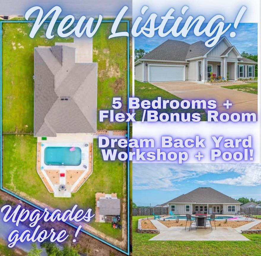 LARGE  POOL! WORKSHOP! HEAVILY UPGRADED and BETTER THAN NEW(only 3 yrs old)! With  5 BEDROOMS PLUS A FLEX ROOM and a separate dining room ,this floor plan is highly adaptable and offers flexibility of use. This home is located on a  PREMIUM Flat 1/2 acre lot with a fenced back yard, oversized 18 x 36 pool, beautifully hard-scaped outdoor entertaining space, plus a 12  x 16 workshop that was  built on slab with 100 amp electrical service. You'll have privacy with no neighbor behind or on one side. Inside this home has had flooring replaced with LVP throughout, carpet in only 2 bedrooms, all windows were custom trimmed, oversized ceiling fans and upgraded lighting were added. The oversized walk in pantry and laundry rooms have both been customized with cabinetry and  wood shelving, The kitchen features a custom tiled backsplash, upgraded Samsung stainless steel appliances including bespoke 4 door fridge/freezer with 2 ice makers and "no preheat" air fryer stove. The floorpan has an excellent flow and the double tray ceilings further enhance the space. The primary suite overlooks the pool area and features a door that accesses the covered back porch, tray ceiling, and large master bath with oversized walk in closet. The garage has been fully finished including the floor and features added shelving. This upgraded home also includes gutters, an added storm door, and enhanced landscaping, including a custom concrete trash can pad tucked away behind the back gate. If you need a lot of space, want room to entertain both indoors and out,  and you want to start enjoying your own private pool, this home should be at the top of your list! You'll benefit from LOW COUNTY TAXES and be only  40 minutes from the beautiful beaches of the Emerald Coast! This home has so much to offer.