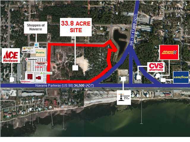 One of the best retail development sites available in northwest Florida. The 33.38 acre site is located at the Northwest quadrant of Navarre Parkway (a/k/a U.S. Highway 98) and Highway 87 South - adjacent to the Shoppes of Navarre, the Publix-anchored shopping center, is located on the west side of the subject site. This is an ideal power-center site that will attract national big-box tenants, in-line tenants and outparcel sales and/or leasing. Combined average daily traffic count is 52,000 cars per day. The site is comprised of two parcels (20-2S-26-0000-01701-0000) and (17-2s-26-2750-070000-0030).