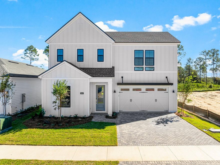 Welcome to this beautifully designed, brand-new home that combines timeless style with everyday comfortThis 3-bedroom, 3-full-bath home, 2 car garage, over 2500 sq ft is perfectly crafted for modern living. From the moment you arrive inside, 10' ceilings on the main floor and an open railing staircase create an airy, upscale vibe, while oversized windows flood the space with natural light.The gourmet kitchen is the heart of the home, featuring high-end finishes like tile backsplash gorgeous quartz countertops and a seamless flow into the great room--perfect for entertaining or cozy nights in. Step through the multi-panel glass slider to a peaceful, private backyard with covered lanai with pavers and wooded views--no rear neighbors.Retreat to your main-floor primary suite, complete with duel vanity with quartz countertops, a spa-like large tiled shower and a spacious walk-in closet. Also on first floor is secondary bedroom conveniently located at front entrance with full bath right outside and dedicated office/flex room with glass doors for working from home, arts and crafts or study. Upstairs, you'll find a roomy bedroom with walk-in closet, full bath with duel vanities and versatile loft space/bonus area ideal for guests, hobbies, or family fun activities.   Located in a gated community with future resort style amenities including pool, clubhouse, fitness center, tennis, pickleball, playground, multi purpose field and more. Short drive to beautiful beaches, airport, Pier Park shopping, dining and fun entertainment, future FSU/TMH medical campus, Frank Brown Park and more. Available for immediate move-in. Don't miss your chance to own this one-of-a-kind home that blends luxury, comfort, and convenience in every detail.