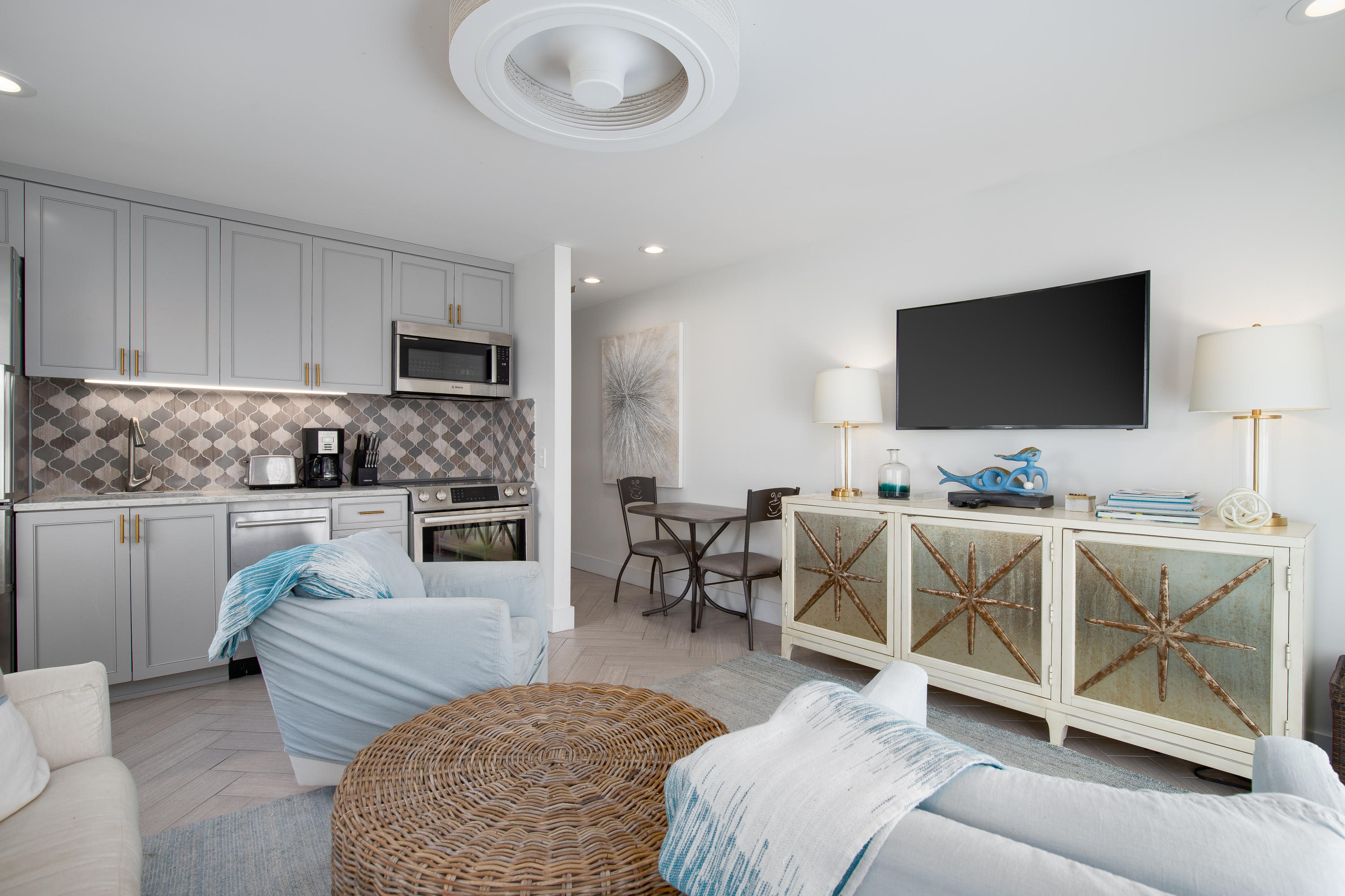 Impeccably renovated from a studio into a one bedroom, this corner residence in the a low-rise condominium complex of Inlet Sands features a swimming pool and is located only 500' from the beach. Find stunning modern finishes such as Carrara marble in the bathroom, Bosche appliances, ceramic herringbone tile floors, refinished cabinets and designer hardware. A covered balcony overlooks the pool and offers a peek of the Gulf. This immaculate full-furnished and turnkey property serves well as a vacation rental or a low maintenance personal retreat. Inlet Beach is a blossoming 30A community with quality new development, restaurants, shops and the largest public beach access in South Walton with parking, restrooms and seasonal lifeguards.