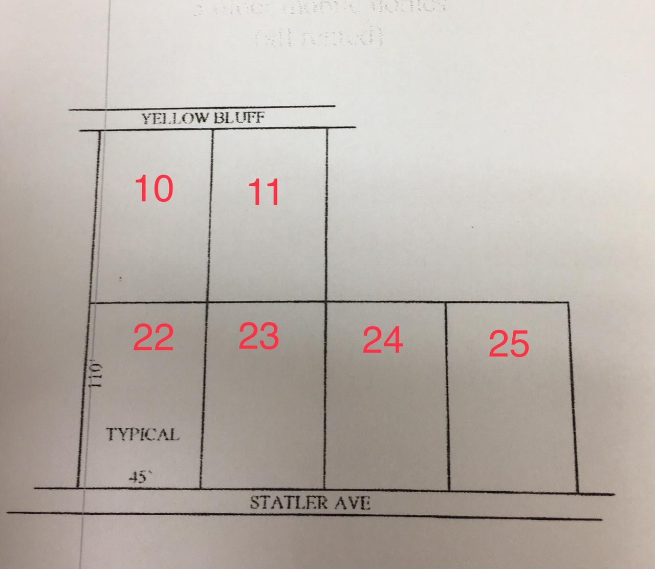 This vacant land is made up of 6 lots with 4 lots on Statler and 2 lots on Yellow Bluff. The lots are kept cleared by the owner. It has two water taps which have been paid. A great income opportunity.