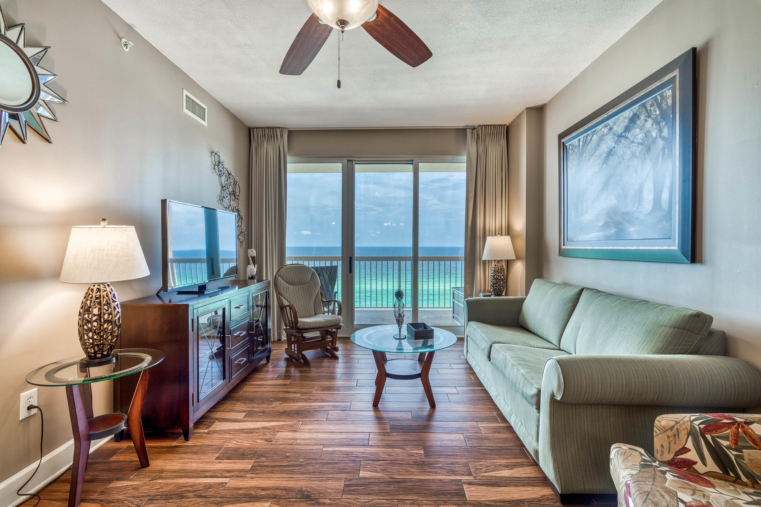 Sunrise Beach 1103 has everything on your wish list! This condo is a great floor height and located only 6 floors above the pool deck. This 2BR / 2BA condo sleeps 9 and has a full BUNK ROOM which is very similar to having a 3 BR condo for the price of a 2 BR. The bunk room has a twin over full bed and can easily sleep 3 people. Enjoy beach views from the kitchen, dining area, living area and master bedroom. The master bedroom has direct access to the balcony and offers a tub/shower combo and double vanity in the master bathroom. Sunrise Beach 1103 has beautiful wood like tile throughout the living area and bedrooms, blackout drapes, a new HVAC (installed in 2019) and various new furnishings and dcor throughout the condo. This condo also comes with an EXTERIOR STORAGE UNIT just down the