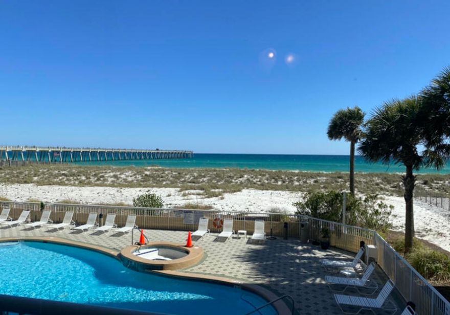 Meticulously maintained and updated fully furnished gulf front condo.  3 bedroom - 3 bath corner unit with 12-ft high ceilings & wrap around balcony is ideal for relaxing and entertaining guests.  Floor to ceiling sliding glass doors in the living area showcase the turquoise waters of the Gulf of Mexico.  Kitchen boasts stainless steel appliances, granite countertops & a pantry.  Full size washer & dryer make doing laundry easy.  Master Bedroom is waterfront with sliders to access the balcony, new LVP flooring, & a walk in closet.  Master Bath has a double vanity, garden tub and separate shower.  Mattresses were recently replaced. Sleeps 6 to 8 comfortably.  Conveniently located on the amenity floor close to the general store and gym. Overlooks one of 3 pools (heated pool rotates annually)