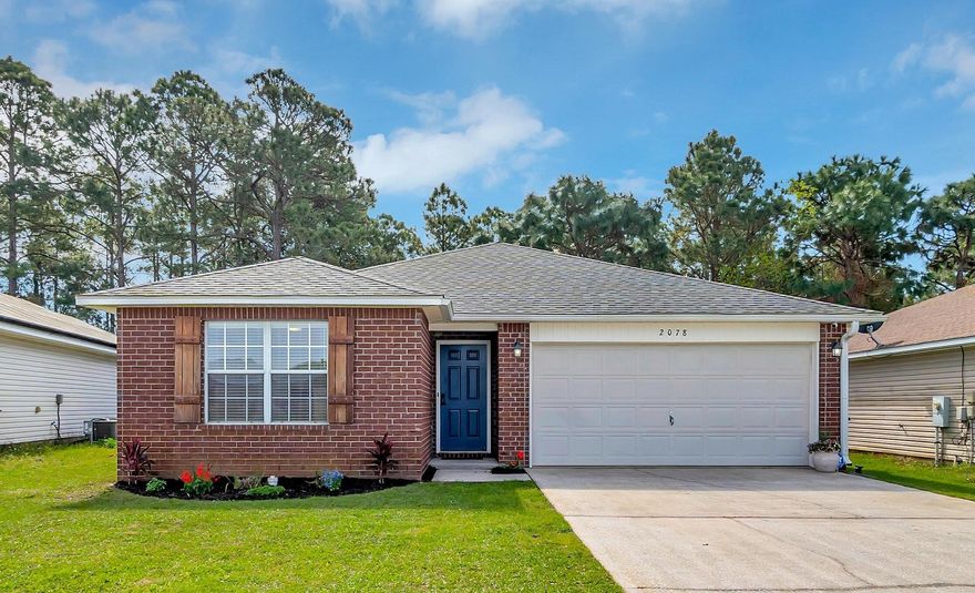 Come see this immaculately maintained home with an open concept design!  Adorned with recently applied paint, updated carpeting in the guest rooms, and wood-look tile flooring throughout the main living spaces and primary bedroom. Freshly planted flowers, mulch, and custom wooden shutters complement the welcoming bright blue entryway and façade. The backyard offers ample privacy and features a spacious concrete patio perfect for grilling and al fresco dining, creating an ideal retreat for relaxation! 2021 Roof, 2022 HVAC, 2024 WH