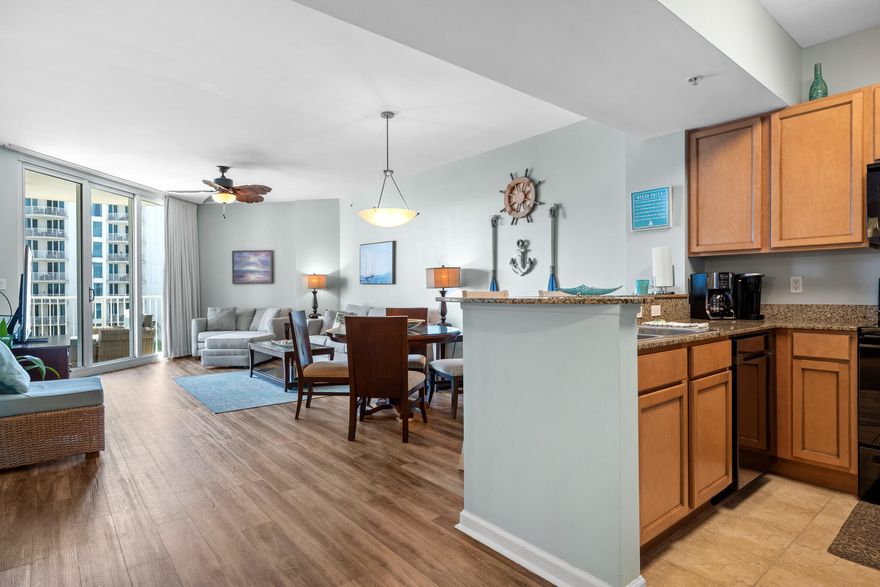 Gorgeous 6th floor, pool facing unit with spectacular resort and gulf views! This unit comes fully furnished and rental ready! Outstanding rental projections of over $50k! Seller will pay the NEW Buyers Fee and the special assessment IN FULL at closing!!!!  Kitchen boasts granite countertops and maple cabinetry. Master bedroom features a king bed with balcony access. Second bedroom has custom bunks. You will love some of the other upgrades such as updated lighting fixtures and ceiling fans!   HOA includes all utilities-even internet and electricity! Other on site amenities include-pickleball, basketball, covered parking and owners parking lot.  The Palms also has electric car charging stations!! Call your favorite agent for a showing today!