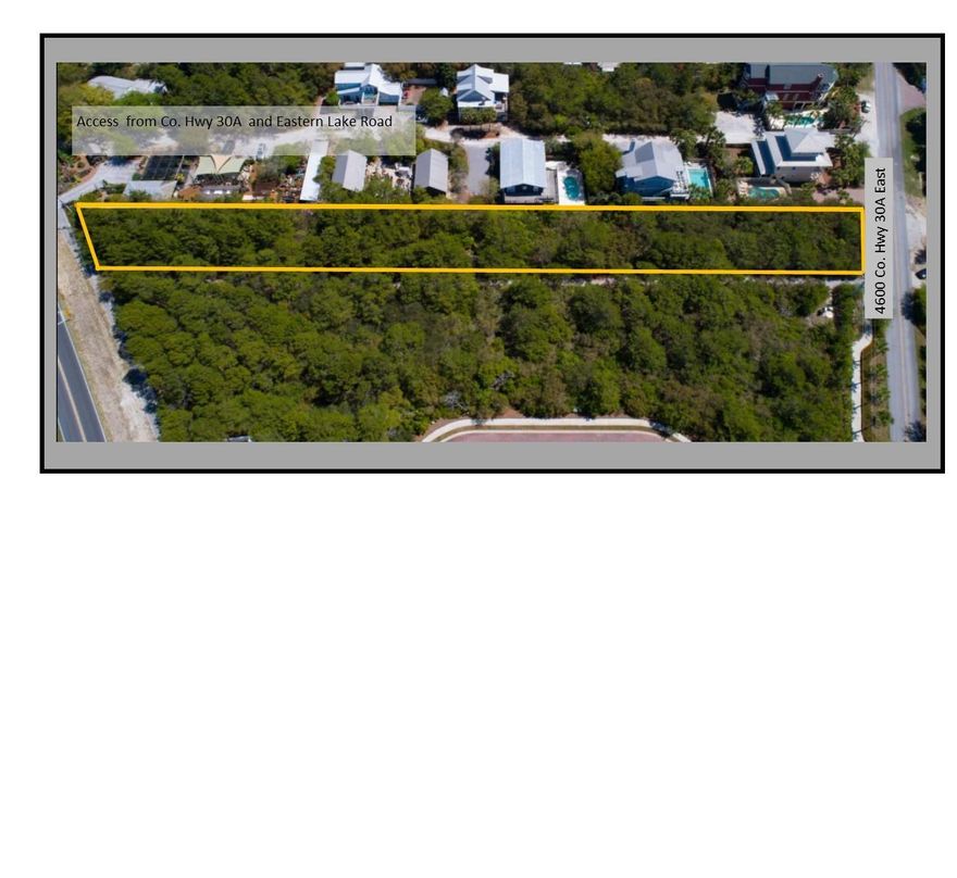 An incredible lot on the south side of Hwy 30A, this 71 x 572' lot has so much potential. Offering versatility and access from Scenic Hwy 30A and Eastern Lake Road, this lot is large enough for a main house, guest cottage/garage and pool or two homesites with gulf views. Situated in the quiet and quaint area of Santa Rosa Beach you are just a five minute stroll from public access to the sandy white beaches of the Gulf of Mexico. Enjoy biking or take a comfortable walk or golf cart ride to the 30A hotspots, premier dining, entertainment and shopping favorites. No build out time or HOA, this is a fantastic opportunity for your own beachside haven on this superb lot. Buyer is responsible for all due diligence and verifying all data including dimensions.