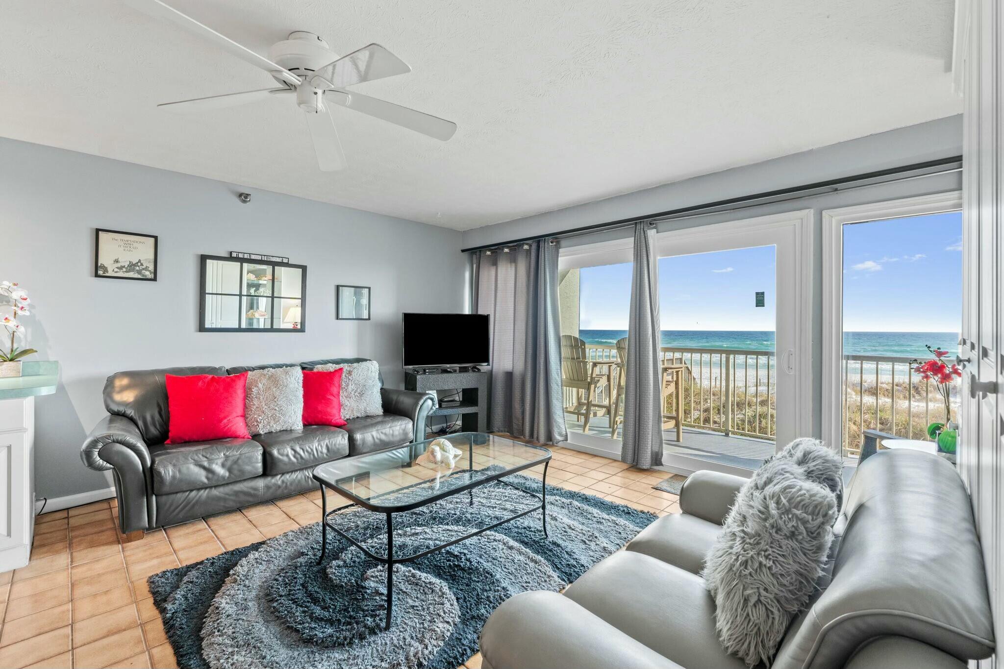 Welcome to this stunning three-story condo on the Gulf of Mexico! Step outside to your own private, uncrowded beach.This spacious second-floor unit features a king bedroom, a full bath, a hallway alcove with bunk beds, and a Murphy bed in the living room. Enjoy a private balcony with breathtaking Gulf views.Relax in the beachfront heated pool and whirlpool, or walk onto one of the world's most beautiful beaches.