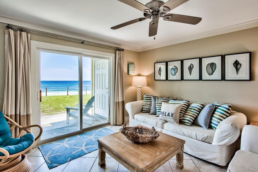 Nestled on the beach in Blue Mountain is this quaint 10-unit condominium with a grass yard directly on the Gulf of Mexico! A ground floor updated beach retreat with 3 bedrooms & 2 baths, the low density immediately relaxes you! Well-located for a short stroll to Blue Mountain Bakery, Blue Mabel, the local health food store or ice cream shop or a couple of local pubs, you'll love not having to get into your car! There is lots of storage space in the community storage rooms for the 10 owners. HOA fees are only $500/month! Most of the owners have owned here for years, including this one who has enjoyed it for the last 20. It's a rental so it turns on Saturdays.