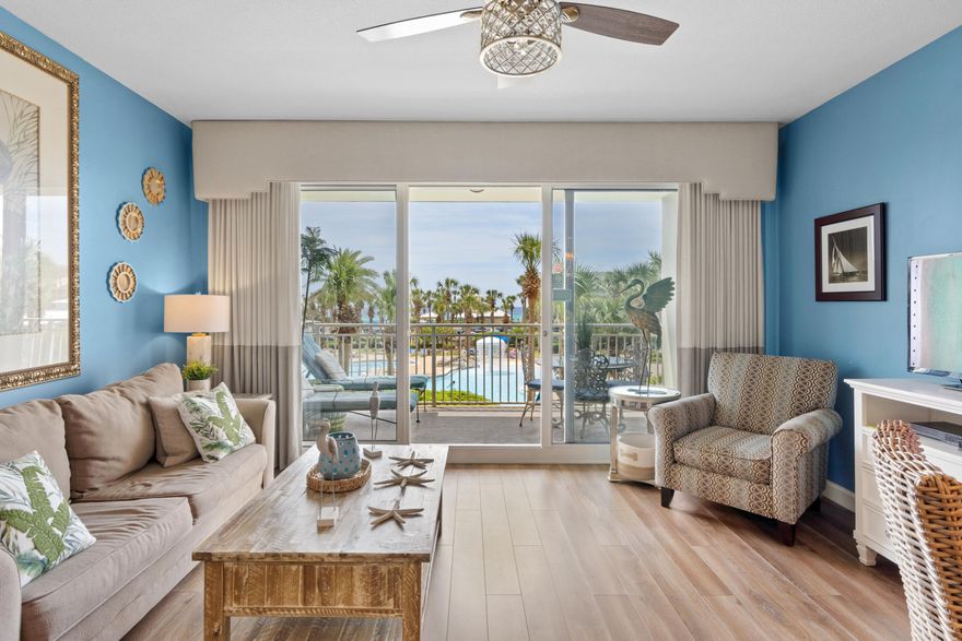 Motivated seller Sterling Shores is the ultimate Destin resort that offers luxurious coastal living in a coveted beachfront location. This resort is designed to provide unparalleled comfort and convenience to its owners or guests. It boasts of upscale amenities like its own expansive beach with a beach club and pool, a lagoon-style pool, and fitness center.  The condo has updated flooring, a fully equipped kitchen with a new stove, new microwave, new dishwasher, new garbage disposal and a large balcony with views of the Gulf overlooking the tropical, lush pool deck. It has a queen bed in the master bedroom, twin over full bunks in the guest room, and a sleeper sofa in the living room plus a washer/dryer hook up in unit!