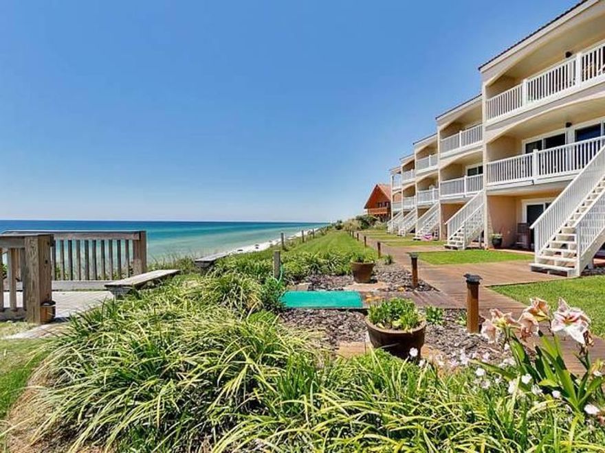 A RARE Opportunity.  An affordable beachfront unit on 30-A.  This is THE PERFECT RENTAL!  It is a 1 bed/1 bath unit with a new AC unit, new roof.  Perfect views of the water and an end unit. Updated a couple of years back with granite in kitchen and the bath.  Rental Revenue in documents.  If buyer needs a condo financing specialist we recommend Jason Hebert with Trustmark at 850-543-0803