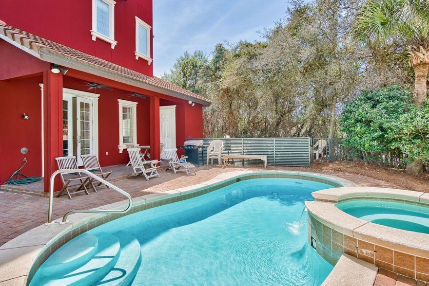 Iconic red Italian villa in Palmeira Villas of Blue Mountain is located directly across from the historic Old Blue Mountain Beach Access and a popular rental home known as ''Coast On In''. This home features a lovely pool and deck for outdoor entertaining and cookouts in the heart of Old Blue Mountain as well as balconies from bedrooms for Gulf views and the smell of fresh salt air. Easy stroll to ice cream, shopping, pub, bakery, health food store, all in Blue Mountain, and a nice bike ride to Grayton Beach.