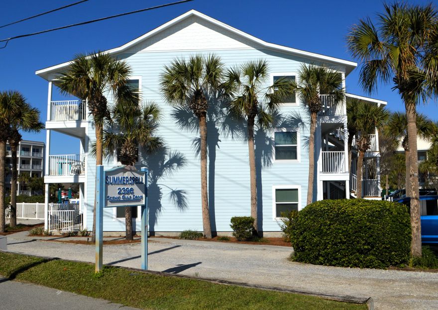PET-FRIENDLY, WHOLE BUILDING RENOVATIONS! Don't miss your chance to own this stunning first-floor, poolside unit in a highly sought-after complex just steps from the sugar-white sands of Miramar Beach! This beautifully renovated condo is perfectly situated, with laundry and parking right outside your front door and direct access to the pool and hot tub through your private back French doors. This complex just completed its required 30-year Milestone Inspection, and the $60,000 special assessment has been fully paid giving you peace of mind and hassle-free ownership! Inside, you'll find a thoughtfully designed layout featuring triple bunk beds for extra sleeping space, a custom-built king bedroom with a twin loft bed, An en-suite bathroom and additional half-bath in the hallway.