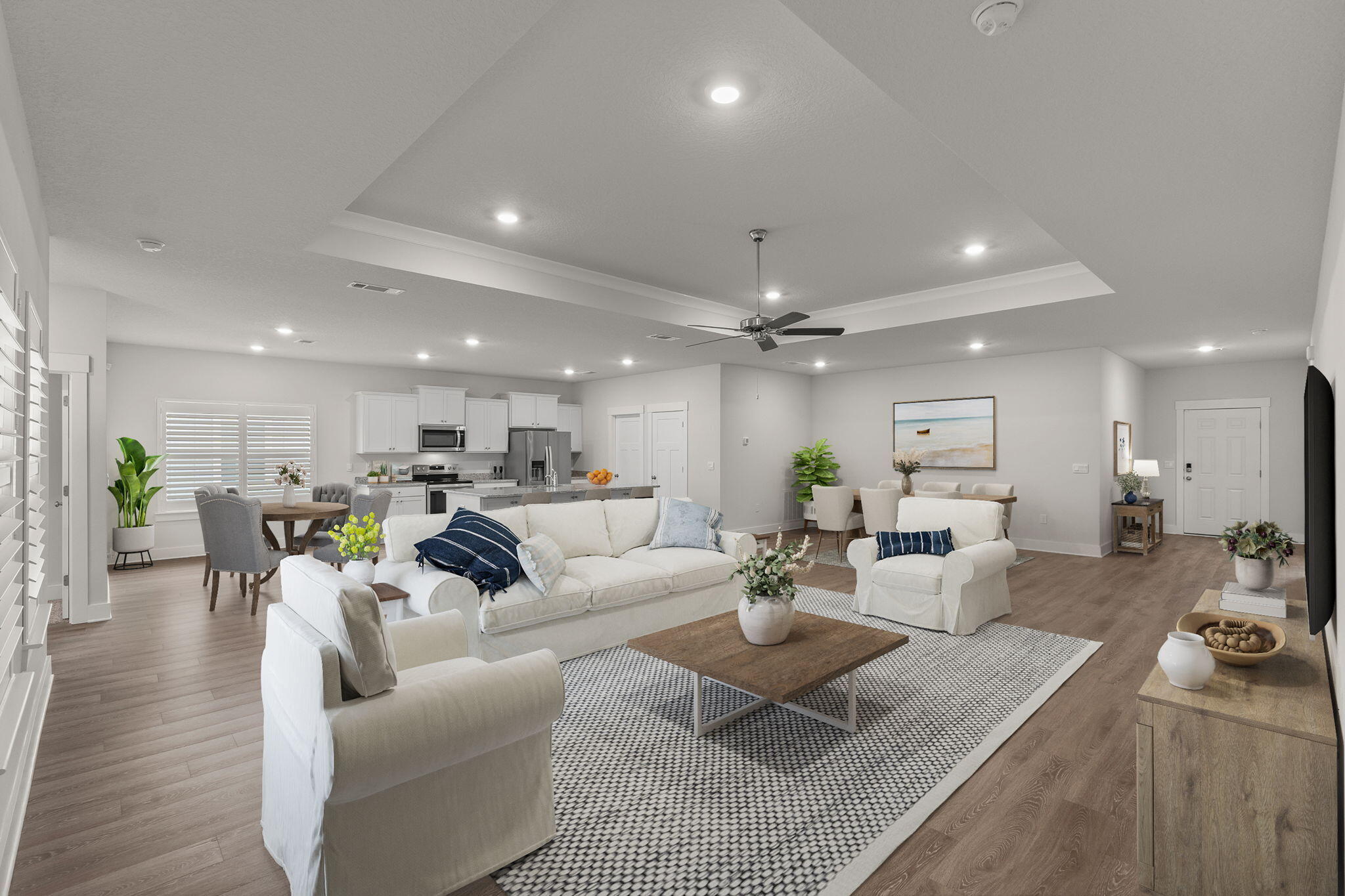 Better Than New! On a cul-de-sac in a pool community, impeccably maintained 4-year-old home with modern upgrades. Offering a quick commute to Eglin AFB & 7SFG, this gem is designed for comfort, convenience. No expense has been spared, with state-of-the-art features, including a Reme-Halo Air Purification System for pristine air quality, seamless gutters, Plantation Shutters. Smart Home Connect System, with a video doorbell, keyless entry, a full home security system, and Dayco smart switches. Step onto the charming covered front porch, a perfect place to unwind. Inside, the chef's kitchen boasts a large granite island, ample cabinet space, and sleek stainless steel appliances. Opening seamlessly to the spacious living and dining areas for effortless entertaining. The primary en suite offers pure relaxation, featuring a garden tub, stand-up shower, double vanity, walk-in closet.
Enjoy year-round gatherings on the large covered back porch, perfect for entertaining or quiet mornings. Plus, a 3-car garage provides ample storage space for vehicles, tools, and outdoor gear.