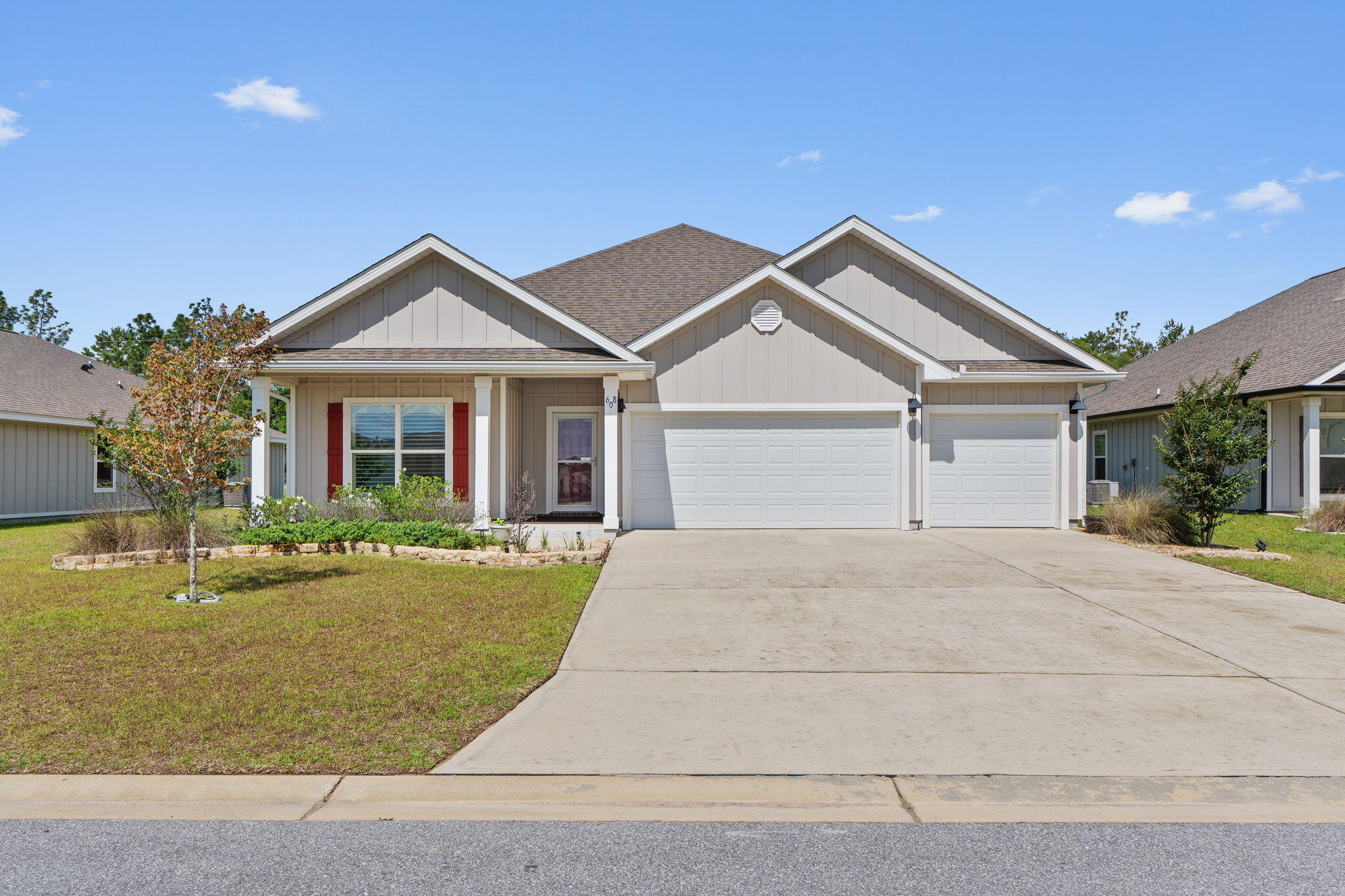 Better Than New! On a cul-de-sac in a pool community, impeccably maintained 4-year-old home with modern upgrades. Offering a quick commute to Eglin AFB & 7SFG, this gem is designed for comfort, convenience. No expense has been spared, with state-of-the-art features, including a Reme-Halo Air Purification System for pristine air quality, seamless gutters, Plantation Shutters. Smart Home Connect System, with a video doorbell, keyless entry, a full home security system, and Dayco smart switches. Step onto the charming covered front porch, a perfect place to unwind. Inside, the chef's kitchen boasts a large granite island, ample cabinet space, and sleek stainless steel appliances. Opening seamlessly to the spacious living and dining areas for effortless entertaining. The primary en suite offers pure relaxation, featuring a garden tub, stand-up shower, double vanity, walk-in closet.
Enjoy year-round gatherings on the large covered back porch, perfect for entertaining or quiet mornings. Plus, a 3-car garage provides ample storage space for vehicles, tools, and outdoor gear.