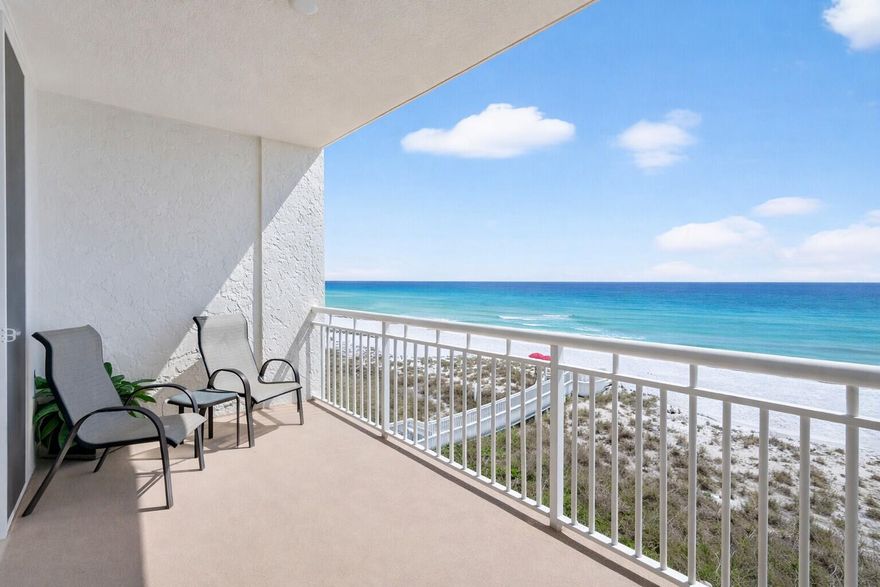 The Tides of Destin #5045 is a 2-bedroom 2-bath Gulf front condo, located on Holiday Isle in the heart of Destin, FL. The entire building is non-rental, so this property is perfect for a second home, or a full-time residence. The centerpiece of this 1,620 sqft. unit has an oversized living area with an amazing Gulf view, as well as access to the large balcony. 9 ft ceilings add to the appeal of this unit. The main bedroom also has a Gulf view with balcony access. and floor-to-ceiling windows. This bedroom has a private bath with a double-sink vanity, a dressing area & a spacious closet. The second bedroom is very large and private with direct access to the guest bath. The oversized kitchen features a large breakfast bar and abundant countertop & cabinet space. Interior features include new windows & new floor-to-ceiling sliding glass doors, new HVAC, new water heater, and new sink fixtures. A wet bar in the living area makes entertaining a breeze.
Tile flooring throughout (carpet in bedrooms) Only 10 two-bedroom units of the 76 in the Tides of Destin, so this is a less common opportunity to purchase a spacious unit in a building designed for beach life. 
Tides amenities include: gated entry with 24-hour security, covered parking, on-site association manager, on-site maintenance superintendent, and a dune walkover to 387 feet of beach.
Private pool with an expansive deck, plus tennis/pickleball courts and playground. Another amenity is an owner-assigned 6x6 exterior storage unit located on the same floor. 

