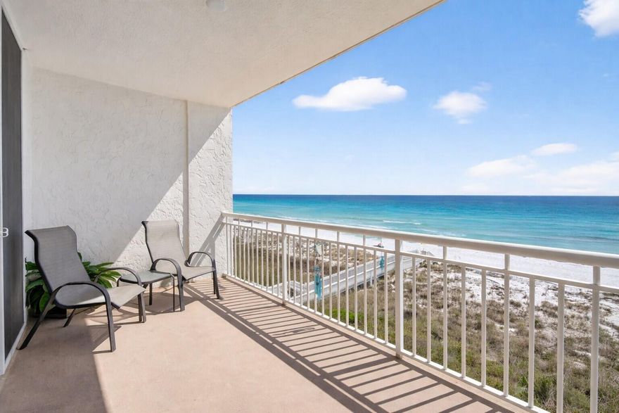 The Tides of Destin #5045 is a 2-bedroom 2-bath Gulf front condo, located on Holiday Isle in the heart of Destin, FL. The entire building is non-rental, so this property is perfect for a second home, or a full-time residence. The centerpiece of this 1,620 sqft. unit has an oversized living area with an amazing Gulf view, as well as access to the large balcony. 9 ft ceilings add to the appeal of this unit. The main bedroom also has a Gulf view with balcony access. and floor-to-ceiling windows. This bedroom has a private bath with a double-sink vanity, a dressing area & a spacious closet. The second bedroom is very large and private with direct access to the guest bath. The oversized kitchen features a large breakfast bar and abundant countertop & cabinet space. Interior features include new windows & new floor-to-ceiling sliding glass doors, new HVAC, new water heater, and new sink fixtures. A wet bar in the living area makes entertaining a breeze.
Tile flooring throughout (carpet in bedrooms) Only 10 two-bedroom units of the 76 in the Tides of Destin, so this is a less common opportunity to purchase a spacious unit in a building designed for beach life. 
Tides amenities include: gated entry with 24-hour security, covered parking, on-site association manager, on-site maintenance superintendent, and a dune walkover to 387 feet of beach.
Private pool with an expansive deck, plus tennis/pickleball courts and playground. Another amenity is an owner-assigned 6x6 exterior storage unit located on the same floor. 

