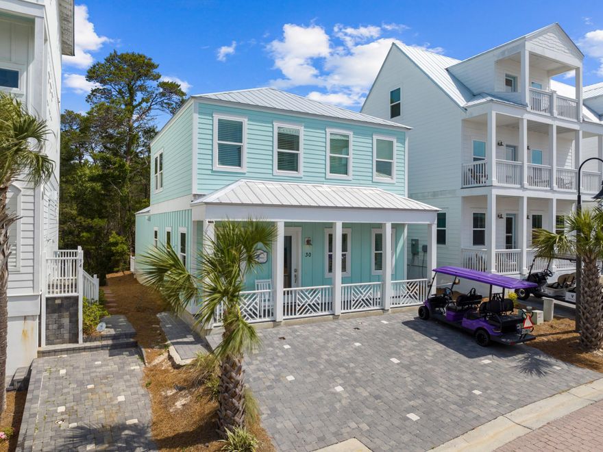 Exceptional investment opportunity just 0.3 miles from the sugar-white sands of 30A. Built in 2022, this professionally decorated 4BR/4BA beach cottage is being offered fully furnished and turnkey, complete with a six-person golf cart. The open-concept floor plan showcases wood flooring, shiplap accents, and a gourmet kitchen with quartz countertops, stainless appliances, and an oversized island ideal for entertaining. Two first-floor suites, including a king master and bunk room, plus two additional en-suite bedrooms upstairs. Outdoor living is enhanced by a welcoming covered porch and private patio backing onto natural greenery. With strong rental history and future bookings in place, this property is an outstanding opportunity for investors or second-home buyers alike.