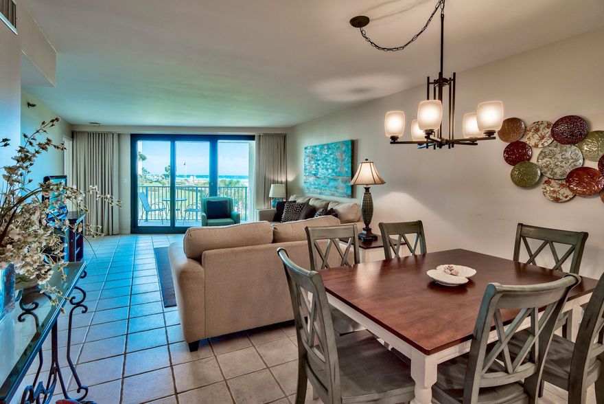 A sweeping view of the open lawn area, dunes and emerald waters of the Gulf of Mexico from this 2nd floor, east facing condo. Fully furnished and ''A'' rated on Sandestin rental program with an open kitchen floorplan and private bedrooms and baths. Conveniently located on the same level as the walk over to the beach and easy access to the pool area for Beachside One. The updated lobby and outdoor patio area are great for entertaining with friends and family.