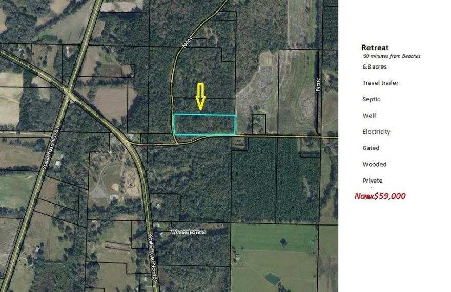 PRIVATE AND PRICED TO SELL!Looking for a retreat? This 6.8 hillside acreage has a camper, septic, well and electric with covered roof all ready for a weekend getaway! Wooded, quiet and peaceful! Great opportunity for someone wanting something already set up so you can begin feeling how the area is before you build your permanent home. A must see! 6 miles from Vortex Springs and just a few more to I10. 2004 Luxor 33 Foot Camper.