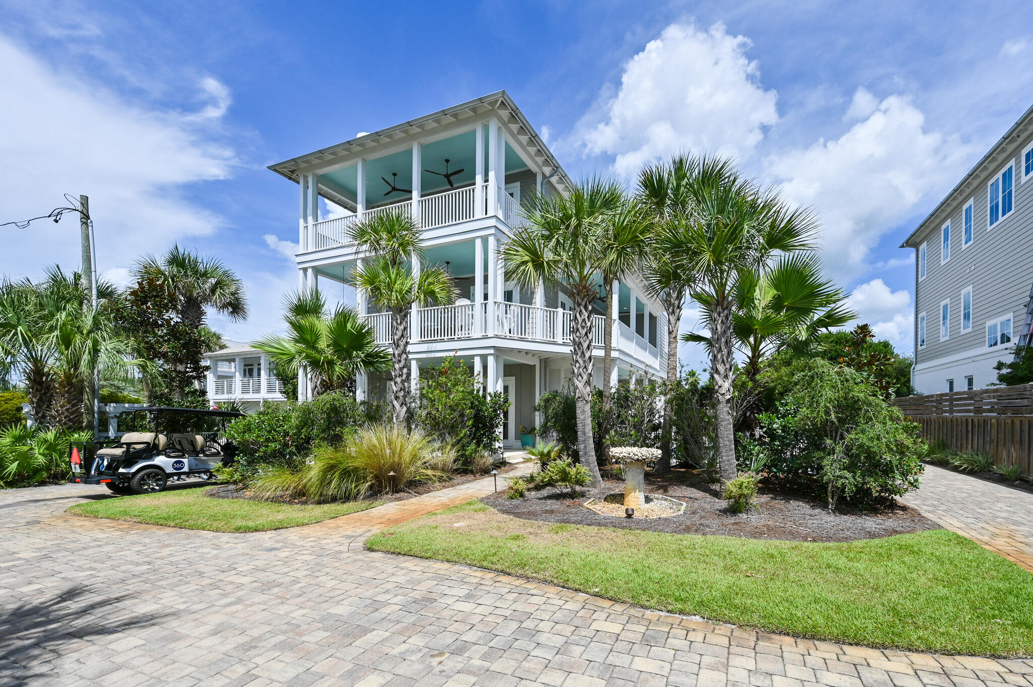 When location is all-important, this luxury beach house south of Scenic Highway 30A is hard to beat. Relax on the porch enjoying panoramic sunset views over the emerald Gulf of Mexico or head down to the beach just steps away and feel the soft sand between your toes. Previously rented as a beach retreat for up to 19 guests, this well-planned home boasts six spacious bedrooms, six-and-a-half baths and three living areas with ample room for everyone to find their own private space. A newly installed elevator whisks you effortlessly from floor to floor with spacious master en suites on all three levels. The first floor has a light-filled family room with ten-ft. pecky cypress ceilings, oak flooring and three sets of French windows opening onto the pool terrace. The main living room on the