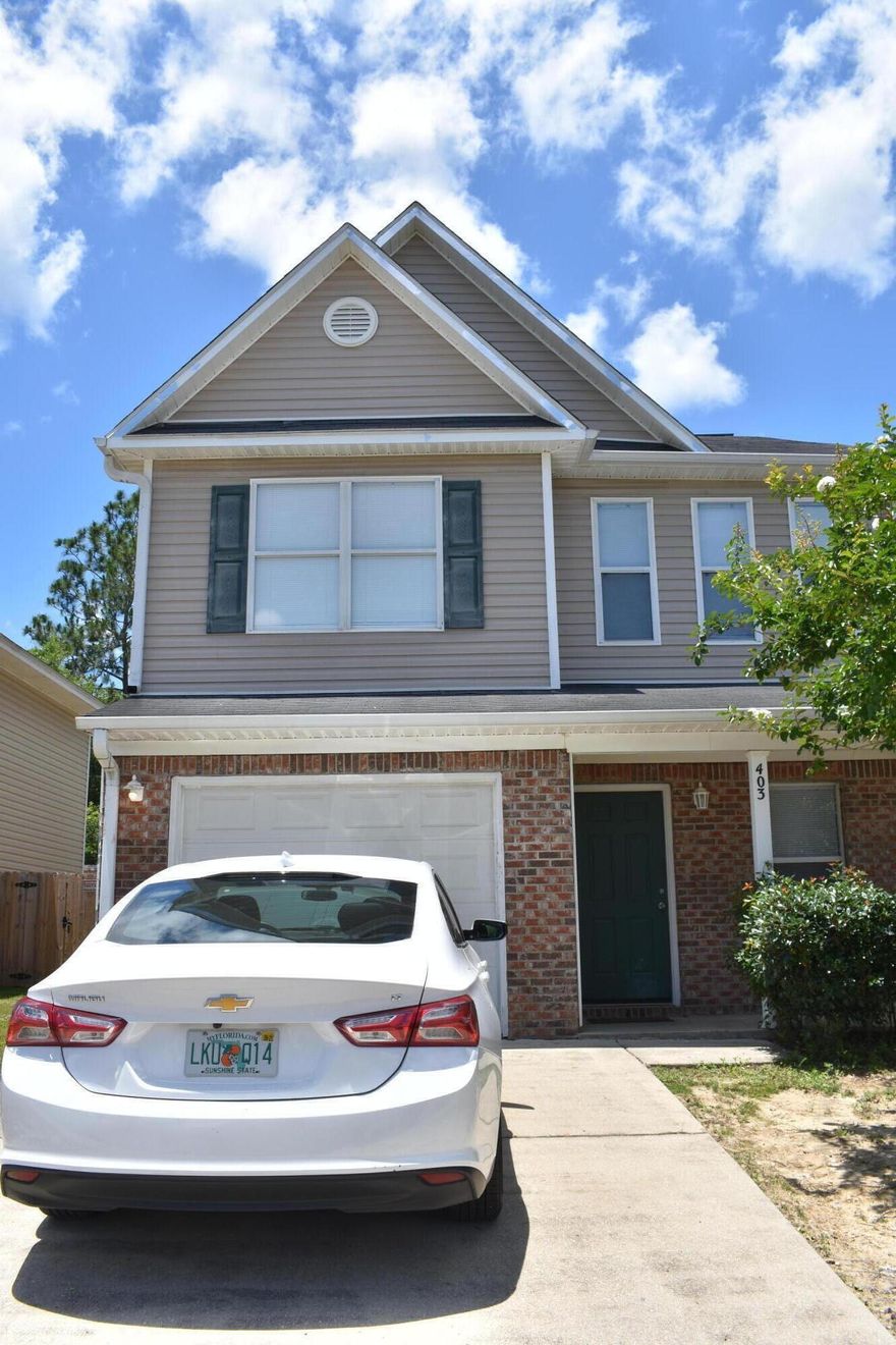 Ready for Move in can do quick close... Nice family sub division in Central Crestview.  Front is both brick and vinyl and front porch with 1 car garage.  Nice Crete Myrtle in the front yard, sides and back are both fenced, freshly power washed.  Very open floor plan, open Kitchen with 12 ft Breakfast Bar, plenty of cabinets and good size Pantry.   Large open Living Room/Dinning room combination with entry to the back patio and yard.  Half Bath on first floor, long entry hallway and good sized closet for supplies.   Upstairs Landing with large Laundry Room, with split bedroom plan.  Guest bedrooms and a Guest Bathroom, Bedroom 2 has a double Closet.   Master Bedroom is Huge, Walk In Closet oversized.  Master Bathroom has Garden Tub with Shower.  Call today...
