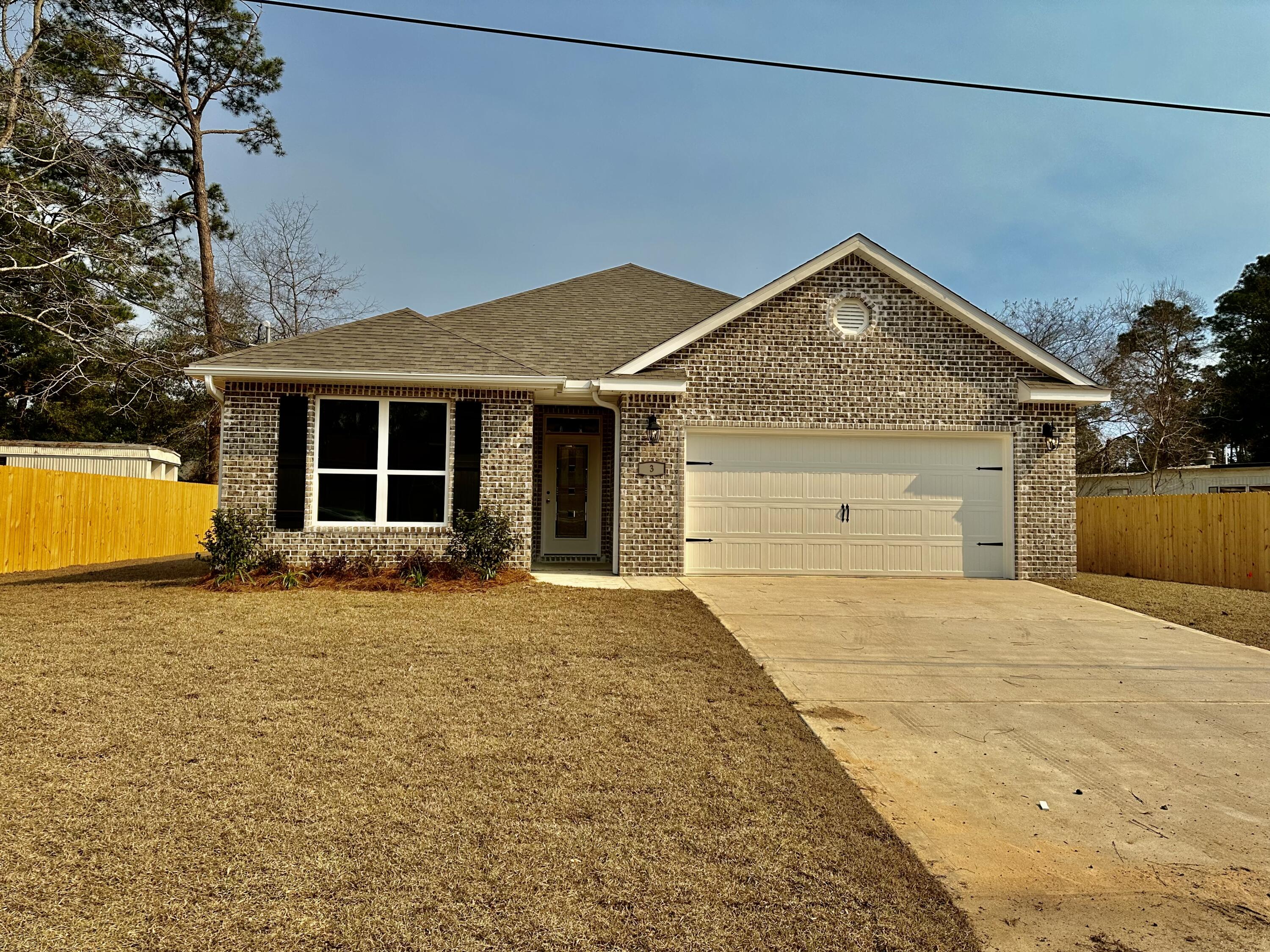 Welcome home to this beautiful brand new home centrally located to air force bases and the beautiful white sandy beaches of the Emerald Coast.  This home offers a spacious living room open to a beautiful kitchen with granite counter tops, beautiful white cabinetry.   Beautiful wood look tile flooring throughout with carpet in bedrooms.  Spacious master bedroom with tray ceilings.  There is 2 additional bedrooms as well.  Enjoy family barbecues on the beautiful lanai.  Make this fabulous home yours today.  Buyers to verify all areas of importance including lot size, room measurements any and all areas of importance.