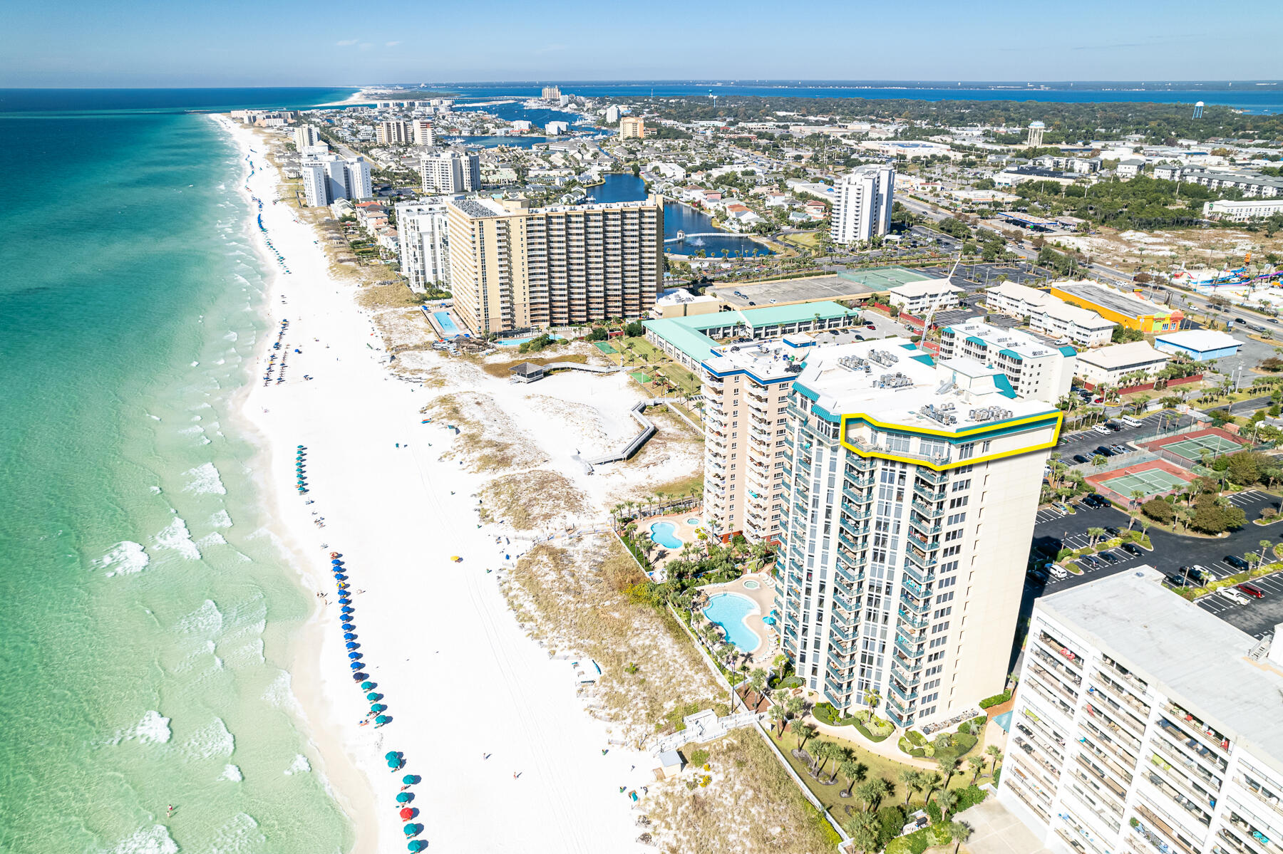 Spectacular East-End, Beachfront Penthouse in Jade East NOW Offered For Sale! This beautifully renovated and furnished, turn-key residence offers the most remarkable view corridors across the Gulf of Mexico and East and West along the sugary-white sand coastline indicative of the Emerald Coast of Florida. The sunsets are stunning!The exclusiveness of this penthouse is exhibited through its private orientation, large windows and doors, as well as skylights, all of which naturally illuminate its expansive floorplan, and an enormous balcony to relax and enjoy the fabulous evening ambiance enhanced by the sound of the ocean waves beneath you. Measuring approximately 3,000 conditioned square feet, the (4)-bedroom suites, (3)-full baths, and (1)-powder room will accommodate your family...
