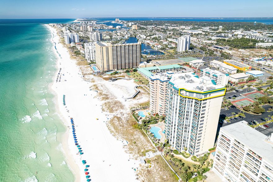 Spectacular East-End, Beachfront Penthouse in Jade East NOW Offered For Sale!  This beautifully renovated and furnished, turn-key residence offers the most remarkable view corridors across the Gulf of Mexico and East and West along the sugary-white sand coastline indicative of the Emerald Coast of Florida.  The sunsets are stunning!The exclusiveness of this penthouse is exhibited through its private orientation, large windows and doors, as well as skylights, all of which naturally illuminate its expansive floorplan, and an enormous balcony to relax and enjoy the fabulous evening ambiance enhanced by the sound of the ocean waves beneath you.  Measuring approximately 3,000 conditioned square feet, the (4)-bedroom suites, (3)-full baths, and (1)-powder room will accommodate your family...
