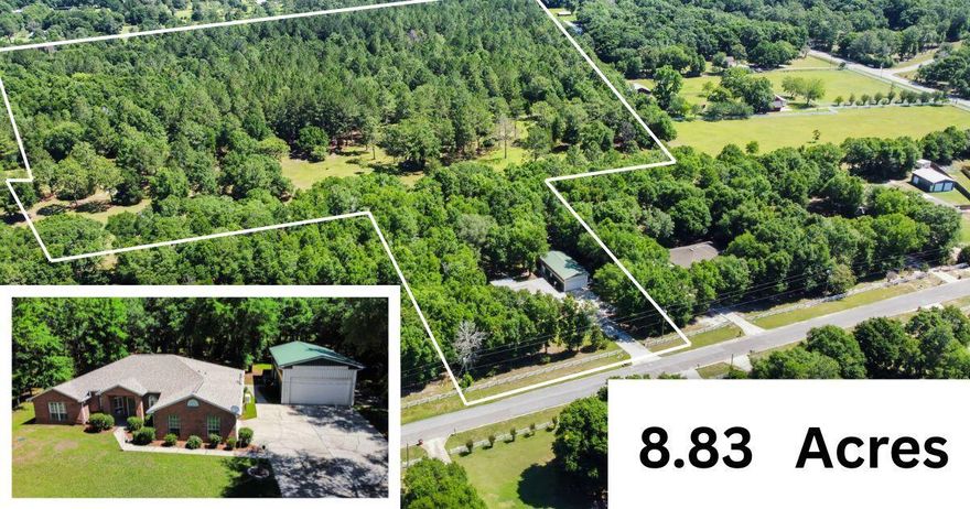 Incredible 4 bedroom 3 bathroom all brick home on an expansive 8.83 acre lot in the beautiful community of Countrywood Estates in Baker, Florida. This amazingly expansive property has much to offer! As you enter the home, you are greeted by a long foyer with an office/bonus room to the right and a formal dining room to the left. At the end of the foyer, you are welcomed to the home's spacious living room. Just off of the living room is the massive kitchen with wood cabinetry, tile backsplash, kitchen island, pantry, refrigerator, stove/oven, dishwasher, and microwave. There is an additional dining area on one end of the kitchen, and access to the formal dining room from the other end. This split floorplan offers a large master bedroom on one side of the home, along with a large master bathroom with double vanity, separate third vanity, tiled shower, linen closet and dual his and hers closets. On the other side of the home there are the additional spacious bedrooms and two additional full bathrooms. The indoor laundry room is just off of the 2 car side entry garage with auto open and pull down stairs. A set of French doors takes you out the beautiful Florida room with tile flooring and glass windows with screens and ceiling fan. This home is outfitted with a Generac whole home generator, New roof installed in 2022, and New HVAC in 2024, rain gutters and irrigation system. This massive property offers multiple outbuildings that are sure to impress that includes: 50x24 metal building on a slab with power roll up door, electricity, three additional single-entry doors and workshop room with bench and window. 22x20 open metal building on a slab with power. 10x 8 metal shed on a slab with double door, 20x12 gazebo and deck with bench swing, 12x10 metal shed w/ oversized door, concrete ramp, with power and wood floor. Triple metal barn with 30x16 center section with power and sliding doors, and 30x10 section on the left and 30x10 section on the right, 24x10 metal open barn with power, 20x10 workshop with wood stove, and 30x24 metal open barn with two bays thar can accommodate two 36 class A RV's. The amazingly beautiful land that accompanies this property is complete with open fields, mature trees, and flowering shrubs to enjoy. The entire property is fenced and is perfect for animals and livestock. This incredible property has NO HOA and has so much to offer multiple types of buyers (country property, car enthusiast, RV's, boats, equestrians, home schoolers and more!) Don't let your opportunity to own this property slip away. Schedule your showing today!