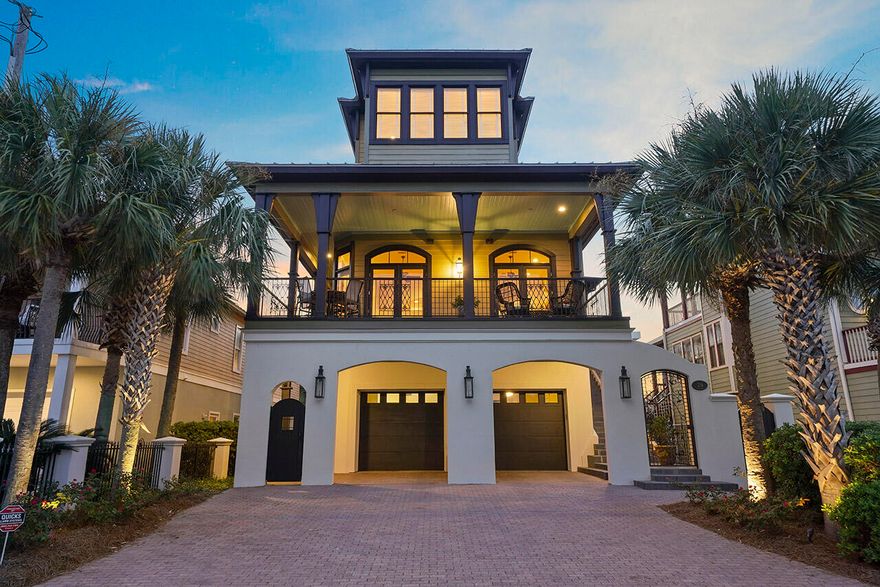 This luxury beach home in the heart of Miramar Beach is set to accommodate up to 18 guests. The 1st level offers 3 bedrooms and 2 bathrooms along with an entertainment area and wet bar. The generously proportioned 2nd level flows effortlessly from the open-plan living space to the 372ft of covered balcony from which you can admire the views of the Gulf. The gourmet kitchen awaits you with the latest in appliances, granite countertops and gas stove. A private Master Suite greets you on the 3rd level that offers a seating area, spacious master closet, walk-in shower and spa. Each level is accessible by stairs or elevator. With its New Orleans style feel, and only moments to shops and eateries this home provides all the elements for relaxing comfortably and easy-care living.