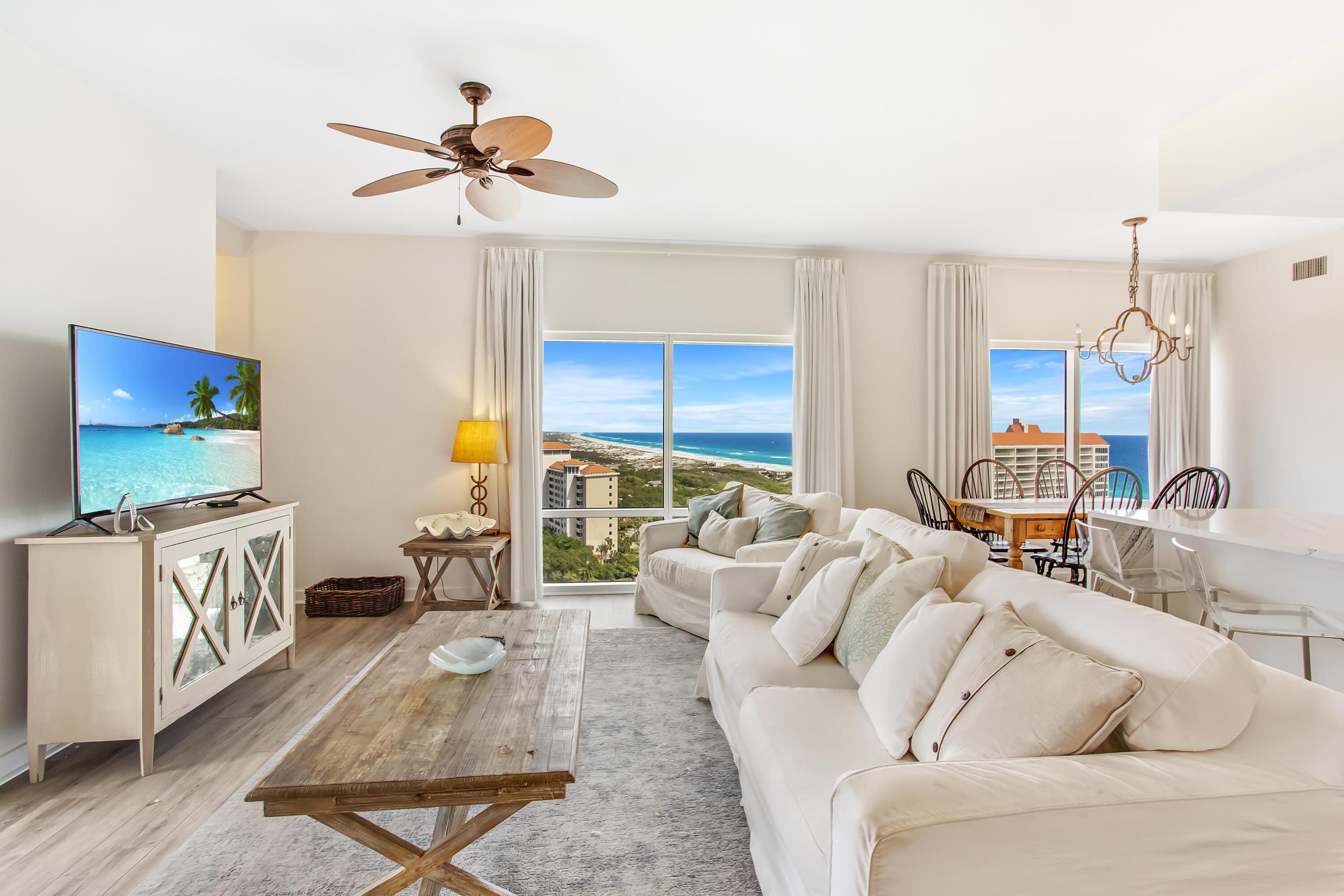 Take in the spectacular coastline views of the Gulf of Mexico from every room of this spacious and airy coastal condominium residence located on the 18th floor of Luau. The lock-off studio side of this condo is beautifully decorated in tranquil colors of sand and sea with a king size bed, sleeper sofa, kitchenette with quartz back splash and full bathroom with new tile shower and rainfall showerhead. The 2 bedroom side continues the color scheme and elegant coastal decor with luxury vinyl flooring, weathered wood accent pieces, beautiful fixtures and slip-covered furnishings and of course those amazing views. The large living room opens to a private over-sized balcony, complete with top of the line furnishings. Enjoy 180?? views of the Gulf of Mexico from the open common area featuring living room with wet bar, dining area, and kitchen recently renovated with quartz counter tops, kitchen island, and stainless steel appliances. Both bedrooms offer king size beds and full baths with new tile showers, rainfall shower heads, and quartz counter tops. Amenities include a large lagoon-style pool, hot tub, and kiddie pool, outdoor gas grills, on-site fitness room, and easy access to the beach and the emerald green waters of the Gulf of Mexico.
As an introduction to the Sandestin lifestyle, we invite our new owners to explore amenities that make Sandestin special. The listing brokerage and seller(s) are presenting the buyer(s) of this property with (2) 90-minute rounds of Tennis court time, a golf foursome at one of our three championship courses, and a round of golf for up to four (4) players at the unrivaled Burnt Pine Golf Club.
Sandestin Golf and Beach Resort features more than seven miles of beaches and pristine bay front, four championship golf courses, 15 world-class tennis courts, a 226-slip marina, a fitness center, spa and celebrity chef dining. Shop, dine and play at the charming pedestrian village, The Village of Baytowne Wharf and more. Inside the gates of the resort, residents enjoy a balanced lifestyle of high-class living, spanning the 2,400 acres from the beach to the bay. Everything within the gates of the resort is accessible by golf cart or bicycle. The entire resort is interconnected by miles of pedestrian, bike and golf cart paths that weave through groves of live oaks, meandering past natural lagoons, fountains, man-made lakes, and meticulously landscaped fairways.