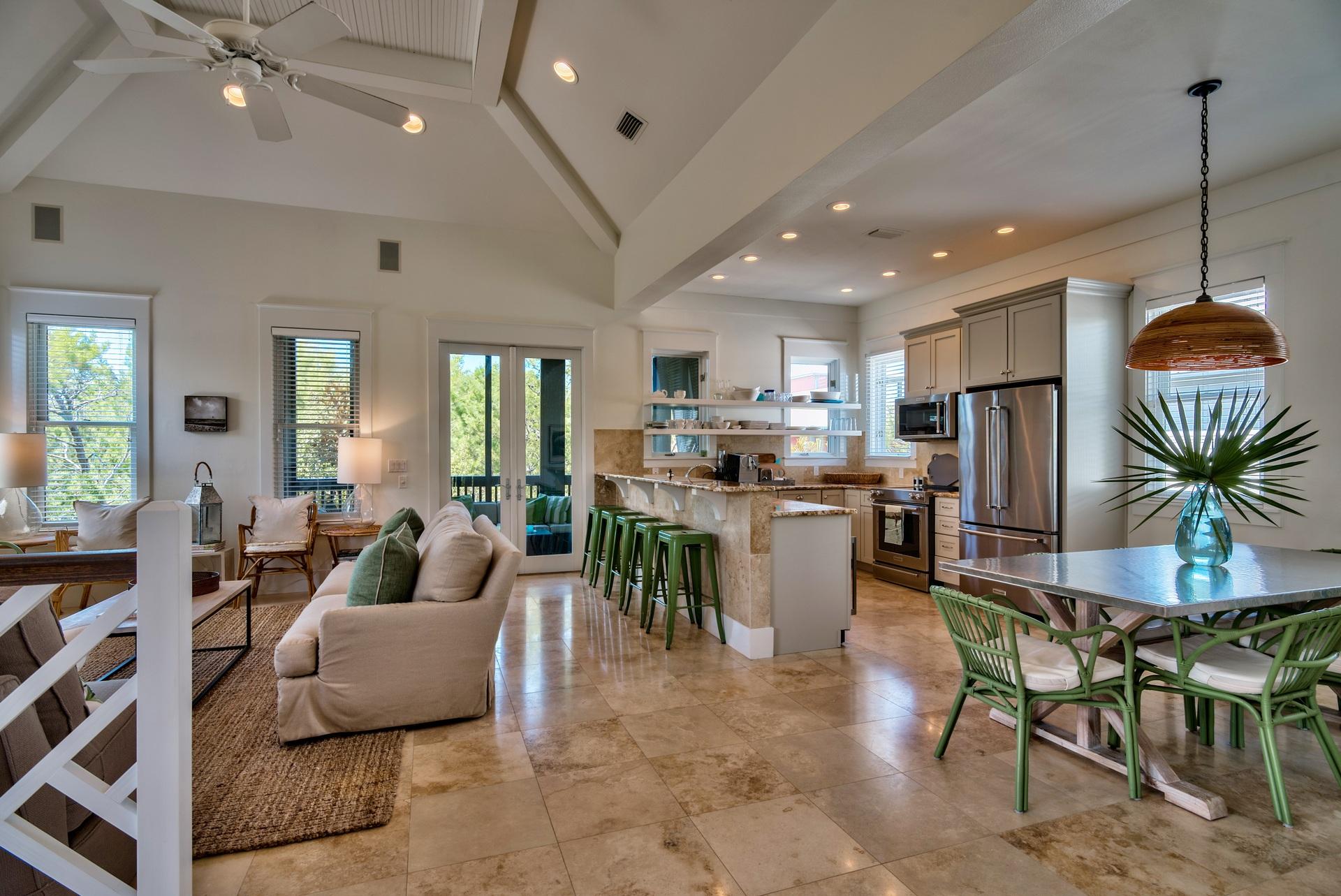 South of 30A and directly adjacent to Rosemary Beach, you'll find the 12 home gated community of Pinecrest. In Pinecrest you'll have access to the stunning community pool, and the convenience of being just a short walk or bike ride to the beach and all the entertainment that the luxurious east end of 30A has to offer.With 4 beds, 3.5 baths and 2 separate living spaces, and 5 covered porches, 60 Pinecrest has great spaces for all of your guests. Upon entering the home, you will find the 3 guest bedrooms, and a living space with a wet bar. The second floor holds the main living area, kitchen, grilling porch, and the master suite. The home was recently updated and professionally decorated.