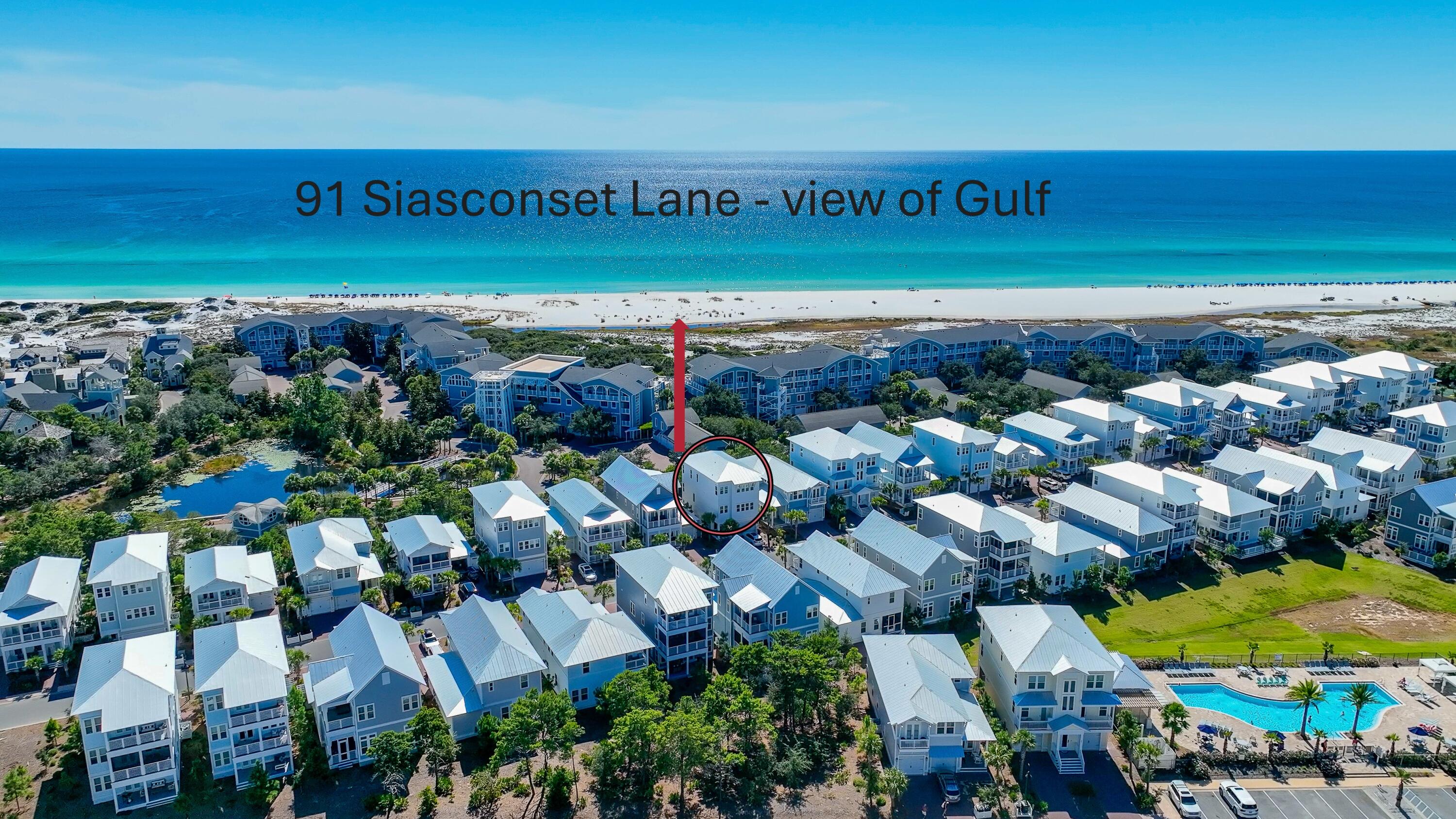 Welcome to 91 Siasconset Lane, a Gulf-view luxury home nestled in the highly desirable Prominence South neighborhood of Inlet Beach, Florida. Located just south of Scenic Highway 30A and within walking distance of The Big Chill, this fully furnished 4-bedroom, 3.5-bath retreat was built in 2021 and has never been rented--offering pristine condition and turn-key appeal.Enjoy stunning Gulf views from the third-floor balcony. Inside, you'll find designer furnishings, 10' ceilings, 8' doors, artisan shiplap accents, and quartz countertops throughout. The chef's kitchen includes ample cabinetry, a walk-in pantry, and seamless flow into the open-concept living and dining areas. A private elevator connects all three floors for maximum accessibility. The spacious layout sleeps 14+, includes a custom-built bunk suite with four queen beds, a cozy lounge, and en-suite bath, ideal for guests or large family gatherings. The serene primary suite features a Gulf-facing porch, spa-like bath, and private seating area.
Located in a golf-cart-friendly community, this home offers access to two resort-style pools (one heated off-season), a fitness center, grilling areas, and proximity to Watersound Club (membership required). Public beach access is just ?? mile away. With projected rental income between $100K-$125K annually and low monthly ownership cost (~$2,600), this home presents an exceptional second home or income-generating opportunity.