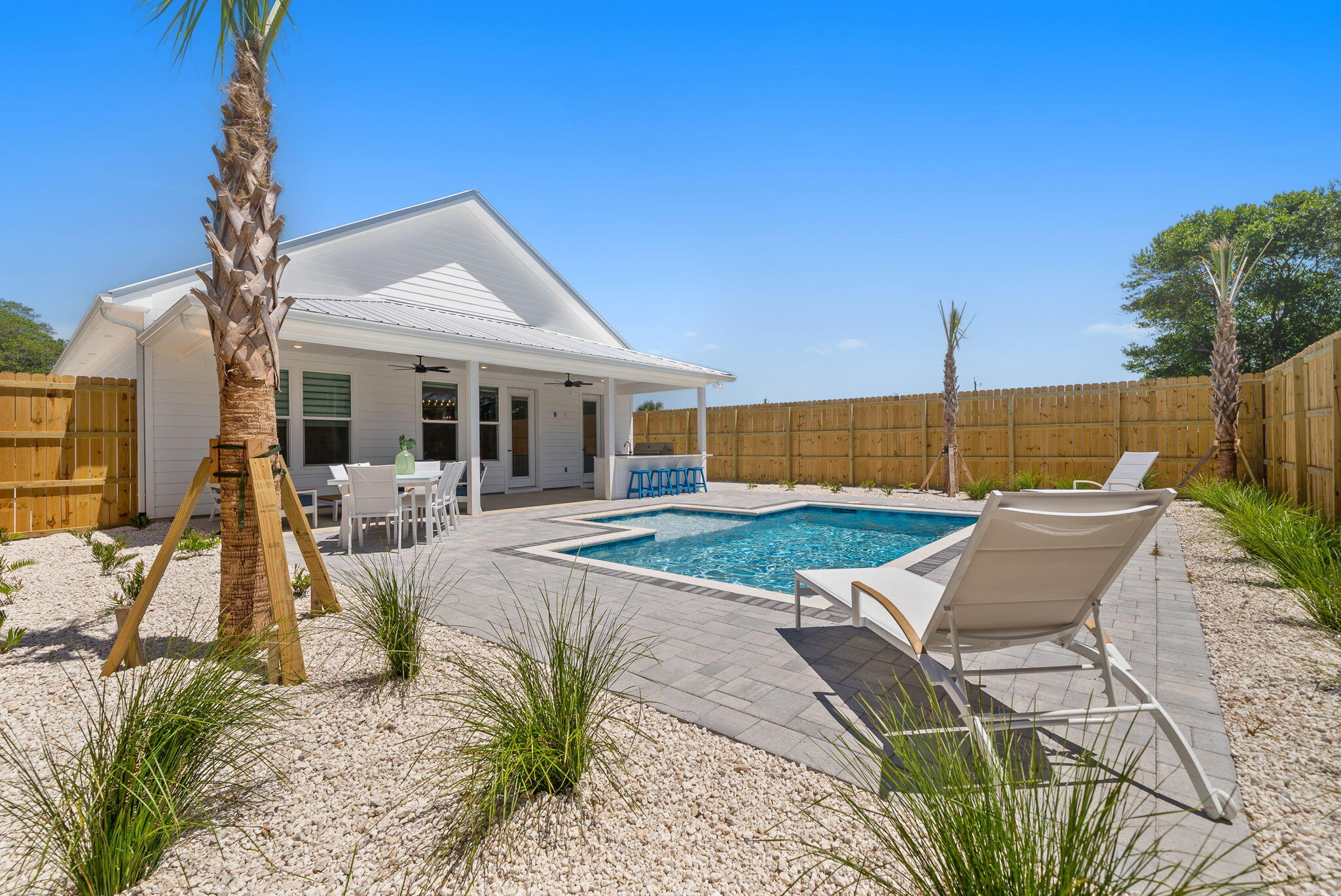 New Construction 4bd/3.5ba beach home w2-car garage, heated SW pool on PCB's west end. Fully furnished & rental-ready w/10ft ceilings, gourmet kitchen, luxury finishes, private backyard oasis including outdoor kitchen & covered porch. No HOA. public sewer w/gas connection. Great earning potential or primary/second residence. Turnkey investment or dream getaway.