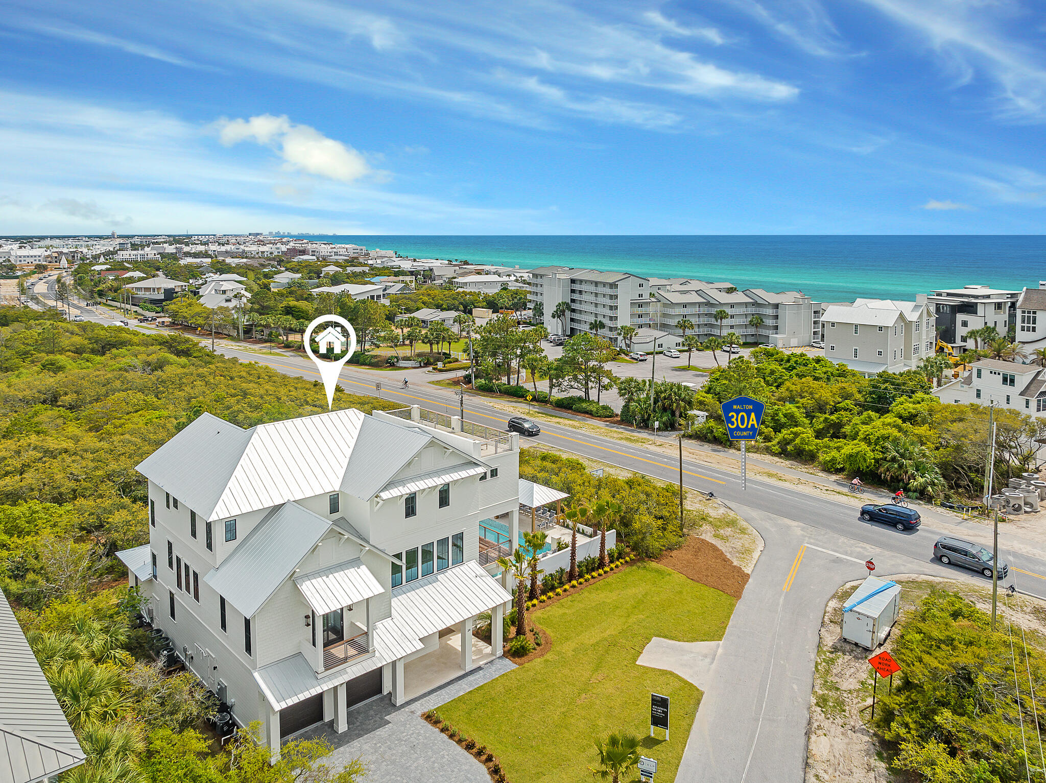 Newly built and beautifully curated, this coastal retreat is characterized by unparalleled gulf views with prominent positioning at the corner of Brenda Lane and 30A just a few tiers off the beach in the heart of East 30A adjacent to Kaiya, Alys Beach and Camp Creek. This new construction residence is situated on an oversized homesite which offers over 6,000 sqft of pristine living space spanning an impressive three-story vertical footprint allowing for sweeping unobstructed vistas from the top floor viewing deck.